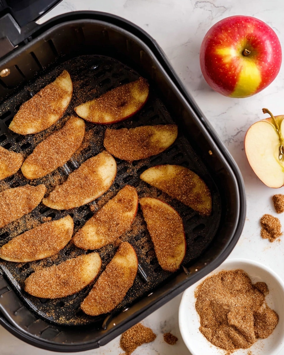 Inside a black air fryer basket, there are about fourteen apple slices covered evenly with a brown sugar cinnamon mix. The apple slices are arranged with some touching each other, showing a soft texture with granules of the sugar spice mix on top. To the right of the basket, a whole red and yellow apple sits on a white marbled surface beside a small white bowl filled with more of the brown sugar cinnamon mix. Some crumbs and small apple pieces lie scattered on the white marbled surface around the basket. Photo taken with an iphone --ar 4:5 --v 7