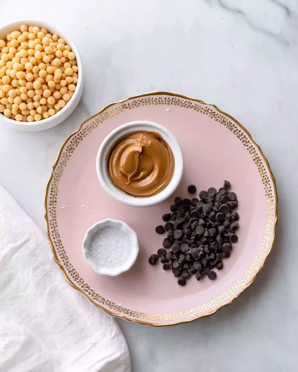 The image shows a fancy white plate with a light pink center and gold trim, placed on a white marbled surface. On the plate, there is a small mound of dark brown chocolate chips positioned on the right side. Above and center of the plate is a small white bowl filled with smooth brown peanut butter. Below and slightly to the left of the peanut butter bowl is a smaller bowl with coarse white salt. Towards the top left corner of the image, a white bowl filled with light yellow round cereal balls is partially visible, near a white cloth napkin. The scene is bright and clean, with a soft light highlighting the textures and colors of the ingredients photo taken with an iphone --ar 4:5 --v 7