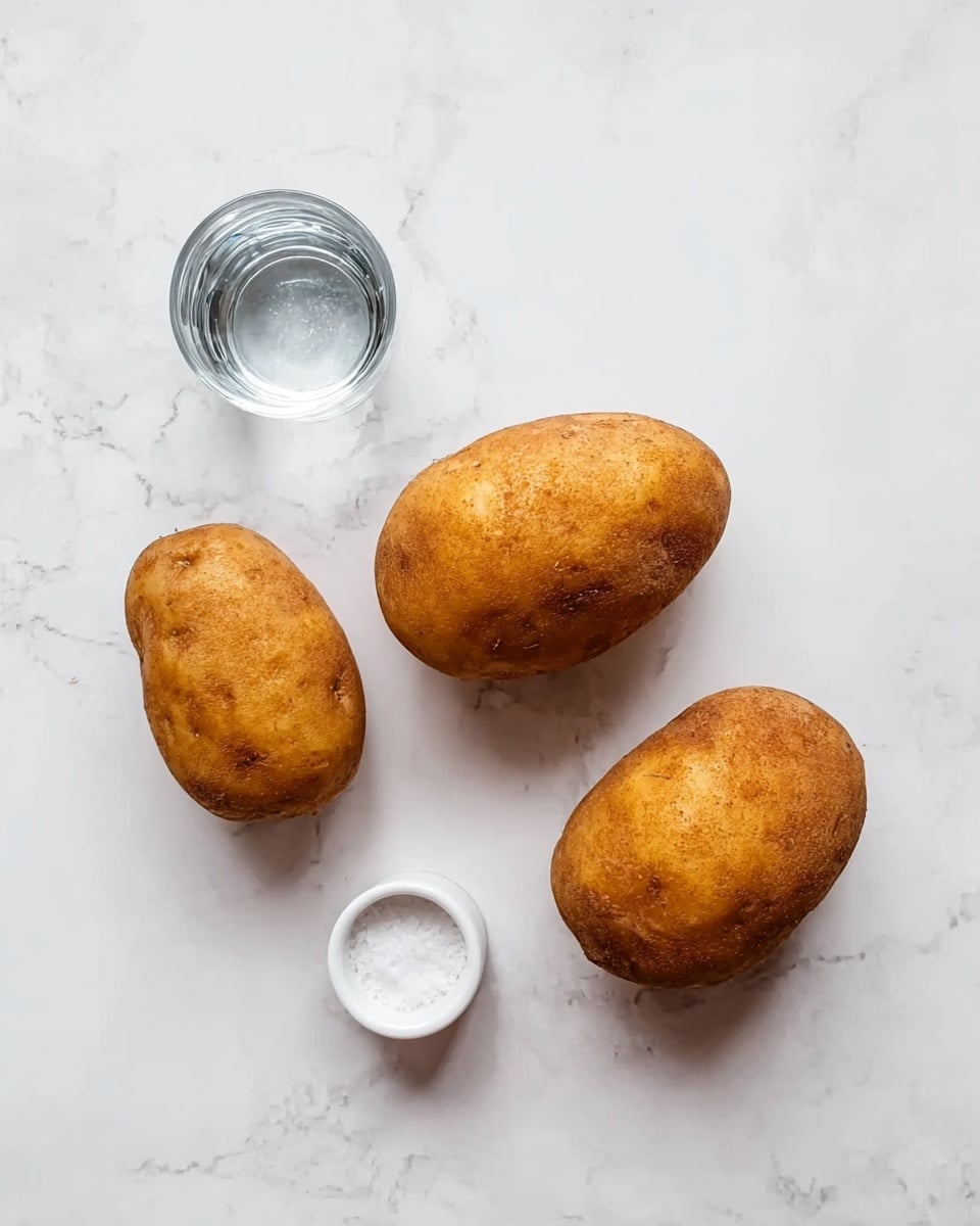 The image shows three medium-sized brown potatoes with a rough texture placed on a white marbled surface. Next to the potatoes, there are two small white containers, one holding a small amount of salt and the other containing clear water. The setup is simple and clean, with the items spaced evenly across the white marbled background. Photo taken with an iphone --ar 4:5 --v 7