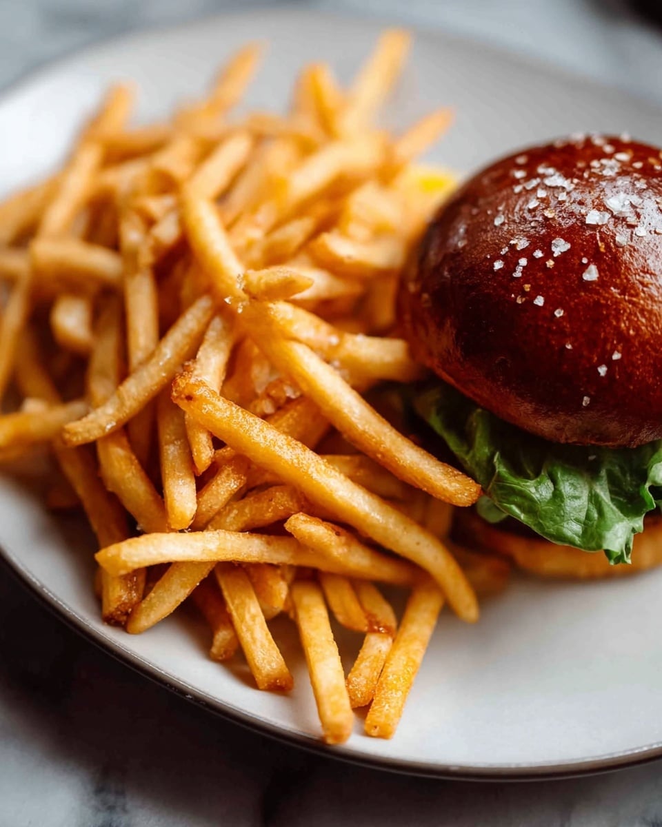 A white plate on a white marbled surface holds a burger and a large pile of golden French fries. The burger has a shiny dark brown sesame seed bun with a green leaf of lettuce peeking out from underneath. The fries are thin, crispy, and sprinkled with coarse salt, piled high next to the burger. The photo has a close-up focus on the fries, showing their texture clearly. Photo taken with an iphone --ar 4:5 --v 7