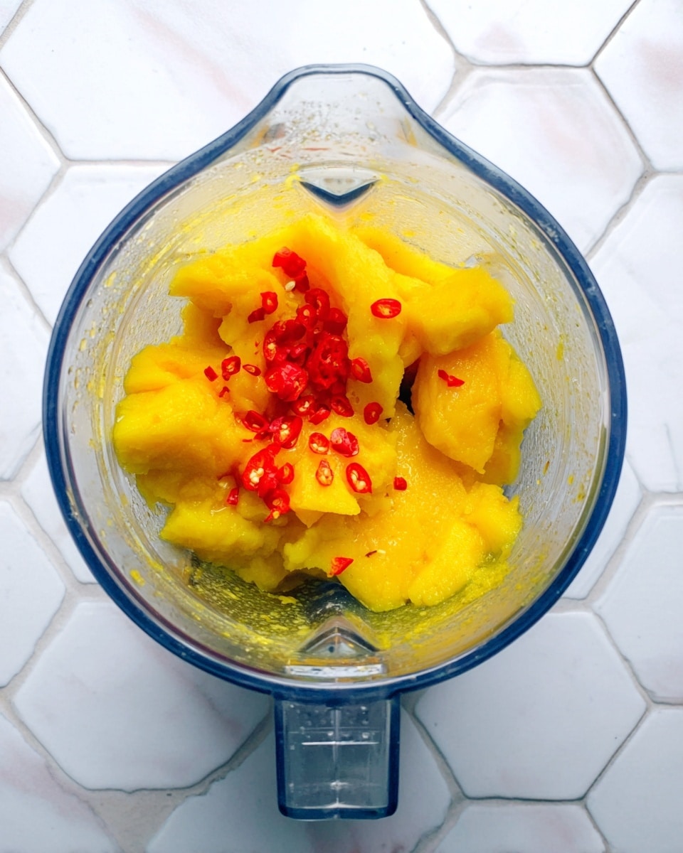 A clear blender container is filled with a mixture of bright yellow chunks at the bottom and middle layers, showing a soft, somewhat pulpy texture, along with a few pieces of vibrant red chili peppers spread within the yellow contents. The blender is placed on a white marbled hexagonal tile surface, viewed from above, highlighting the contrast between the yellow mixture and the red chili pieces inside the transparent container. Photo taken with an iphone --ar 4:5 --v 7