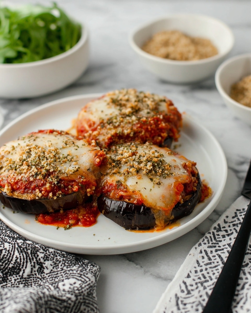 The image shows three round slices of eggplant on a white plate, each topped with a thick layer of melted cheese and chunky red tomato sauce, sprinkled with a crumbly light brown topping mixed with herbs. The eggplant’s dark purple skin is visible at the base of each slice, with sauce and cheese spilling slightly around the edges. In the background, there is a white bowl with green leafy herbs and another white bowl with the crumbly topping. The setting is on a white marbled surface with a black fork and a patterned cloth napkin at the front edge. Photo taken with an iphone --ar 4:5 --v 7