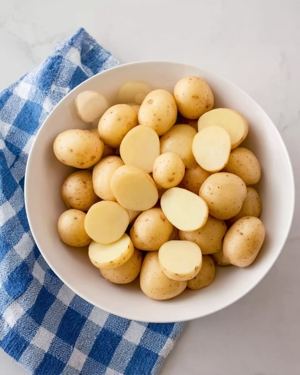 The image shows a white bowl filled with small round yellow potatoes, some whole and some sliced in half, revealing their light yellow inside. The bowl is placed on a white marbled surface with a blue and white checkered cloth nearby. The lighting is soft and natural, highlighting the smooth texture of the potatoes. Photo taken with an iphone --ar 4:5 --v 7