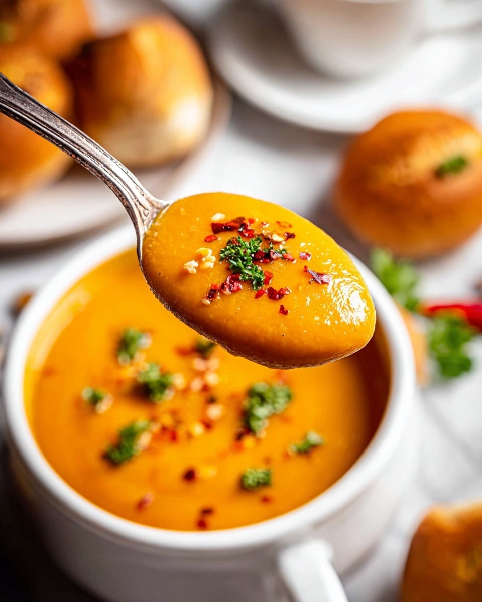 A close-up image of a silver spoon holding a thick, smooth orange soup garnished with small green parsley leaves and red chili flakes. The spoon is held above a white bowl filled with the same orange soup that has a creamy texture, also topped with chopped green parsley and red chili flakes. In the background, there are small pieces of orange bread rolls on the white marbled surface, along with a blurred white cup and saucer. The overall setting is warm and cozy with autumn-like colors. Photo taken with an iphone --ar 4:5 --v 7