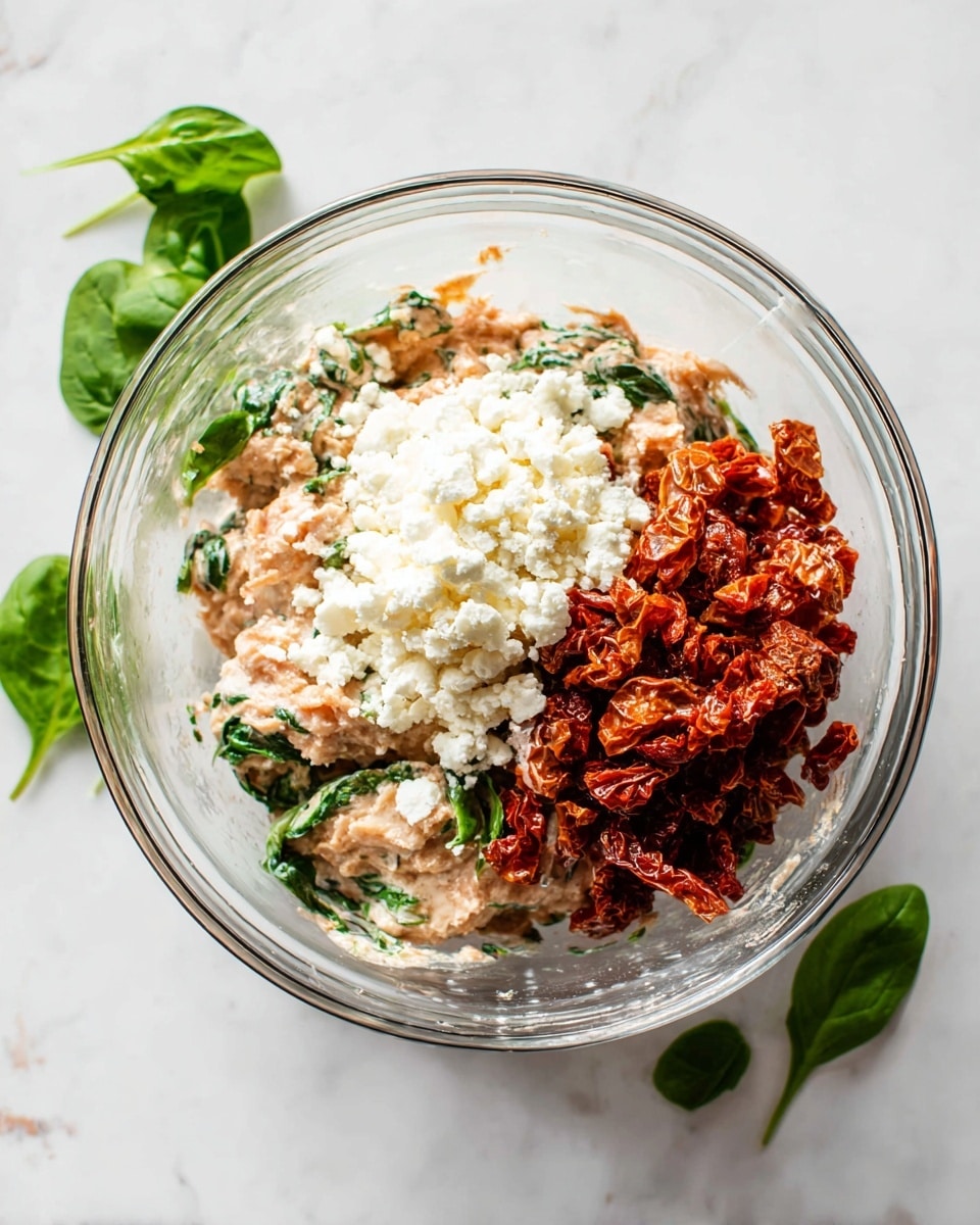 A clear glass bowl sits on a white marbled surface, filled with three main layers of ingredients. At the bottom, there is a soft, light brown mixture with green leafy bits, likely spinach mixed into a creamy base. On one side of the bowl, there is a pile of chopped sun-dried tomatoes, showing a wrinkled texture and bright reddish-orange color. Next to the tomatoes, a generous layer of crumbled white cheese rests on top of the brown mixture. Two green spinach leaves and one basil leaf are scattered around the bowl on the white marbled surface. The photo is taken from above with natural light, giving a fresh and clean look. Photo taken with an iphone --ar 4:5 --v 7