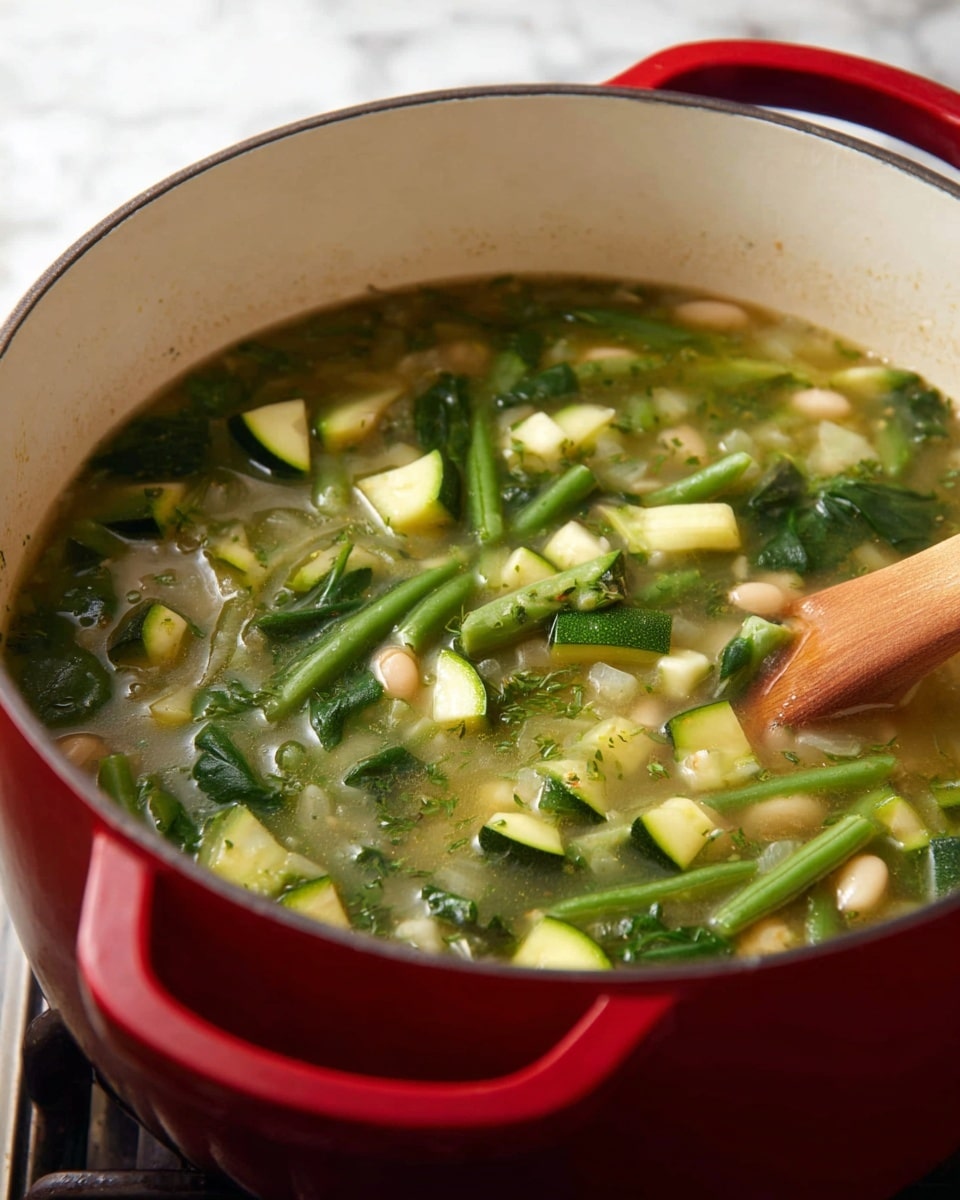 A close-up view of a large red pot with a white inside, filled with a vegetable soup. The soup has a light greenish broth with visible chunks of light green zucchini, dark green spinach leaves, green beans, small white beans, and bits of herbs. A wooden spoon is partially submerged in the soup on the right side, stirring the vegetables. The pot sits on a stove with a white marbled surface in the background. Photo taken with an iphone --ar 4:5 --v 7
