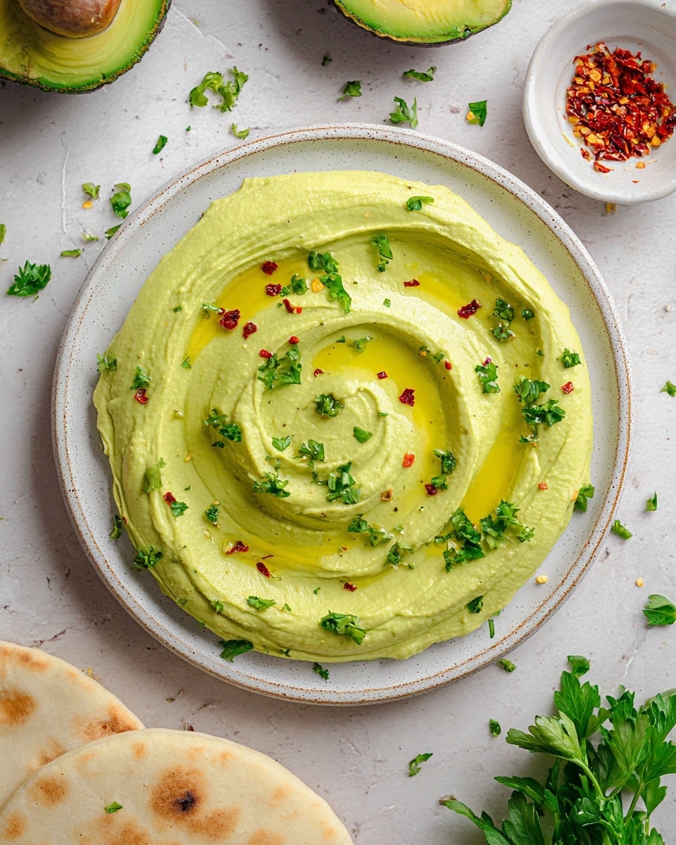 A round layer of smooth, pale green hummus is spread thinly on a white plate, shaped with swirled grooves that create a spiral pattern. The hummus is topped with small drops of golden olive oil scattered mostly in the center area. Bright green parsley leaves are sprinkled evenly over the hummus along with small red chili flakes adding texture and color contrast. The plate rests on a white marbled surface with soft natural light highlighting the creamy texture of the hummus photo taken with an iphone --ar 4:5 --v 7