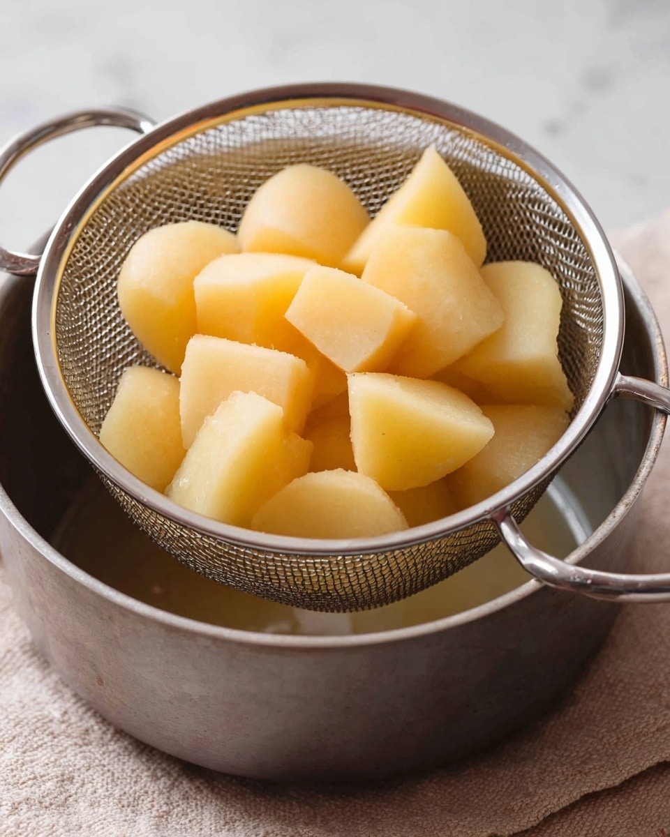 The image shows light yellow potato chunks which are being drained in a fine metal strainer held above a dark metal pot. The potatoes look soft with smooth skin and a firm texture, and the strainer has a shiny silver frame with a mesh net. The pot below is round and deep, resting on a light beige textured cloth, all on a white marbled surface. The angle of the photo gives a close-up view focused on the potato pieces and the pot below, with soft natural lighting highlighting the textures and colors. photo taken with an iphone --ar 4:5 --v 7