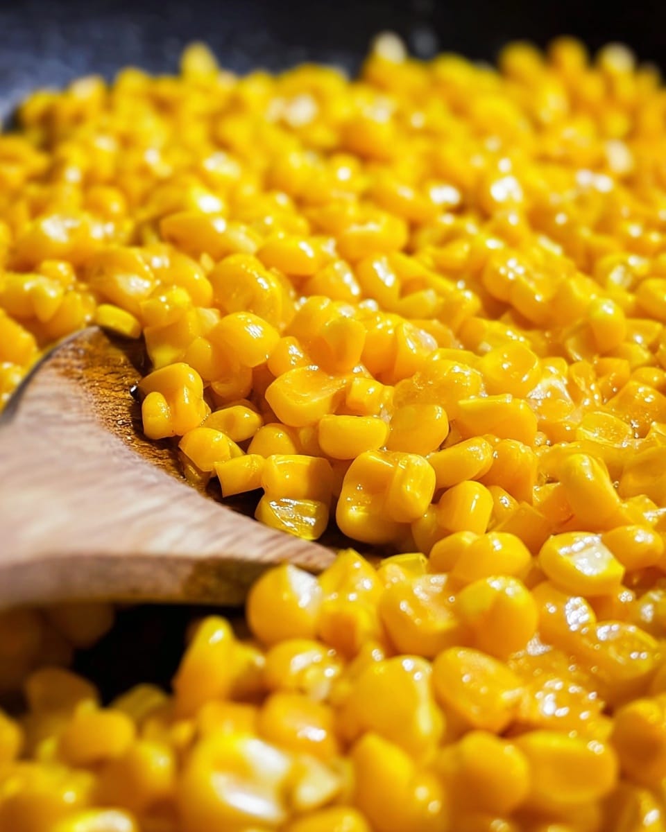 A close-up image of bright yellow cooked corn kernels filling the frame with their shiny and slightly wet texture. The corn forms one thick layer, and a wooden cooking spoon is partly visible on the left side, resting among the corn. The background is softly blurred but has a dark pan surface underneath the corn. photo taken with an iphone --ar 4:5 --v 7