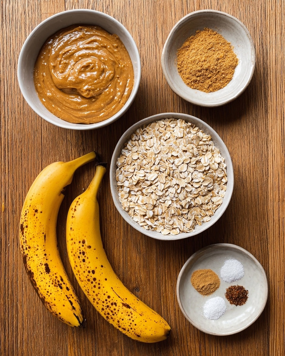 The image shows five ingredients on a wooden surface: two ripe yellow bananas with brown spots on the right side, a white bowl filled with smooth light brown peanut butter with small peanut chunks on the top left, a white bowl filled with dry light beige rolled oats below the peanut butter, a small white bowl with a yellowish powder on the middle right, and a smaller white bowl containing three small separate piles of white, light brown, and dark brown spices at the bottom. photo taken with an iphone --ar 4:5 --v 7