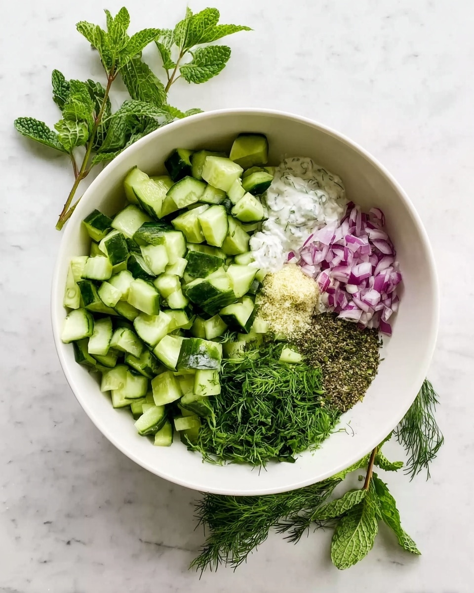 A white bowl sits on a white marbled surface filled with freshly chopped cucumber pieces covering about half of the bowl on the left side. To the right of the cucumber, there are separate piles of finely chopped red onion, creamy white yogurt, dark green dried herbs, a small mound of pale minced garlic, bright green chopped mint, and fresh dill in the center. Around the bowl on the marbled surface, there are sprigs of fresh dill and mint leaves adding a fresh touch. The scene is calm and fresh, showing the start of a healthy vegetable and herb mixture. photo taken with an iphone --ar 4:5 --v 7