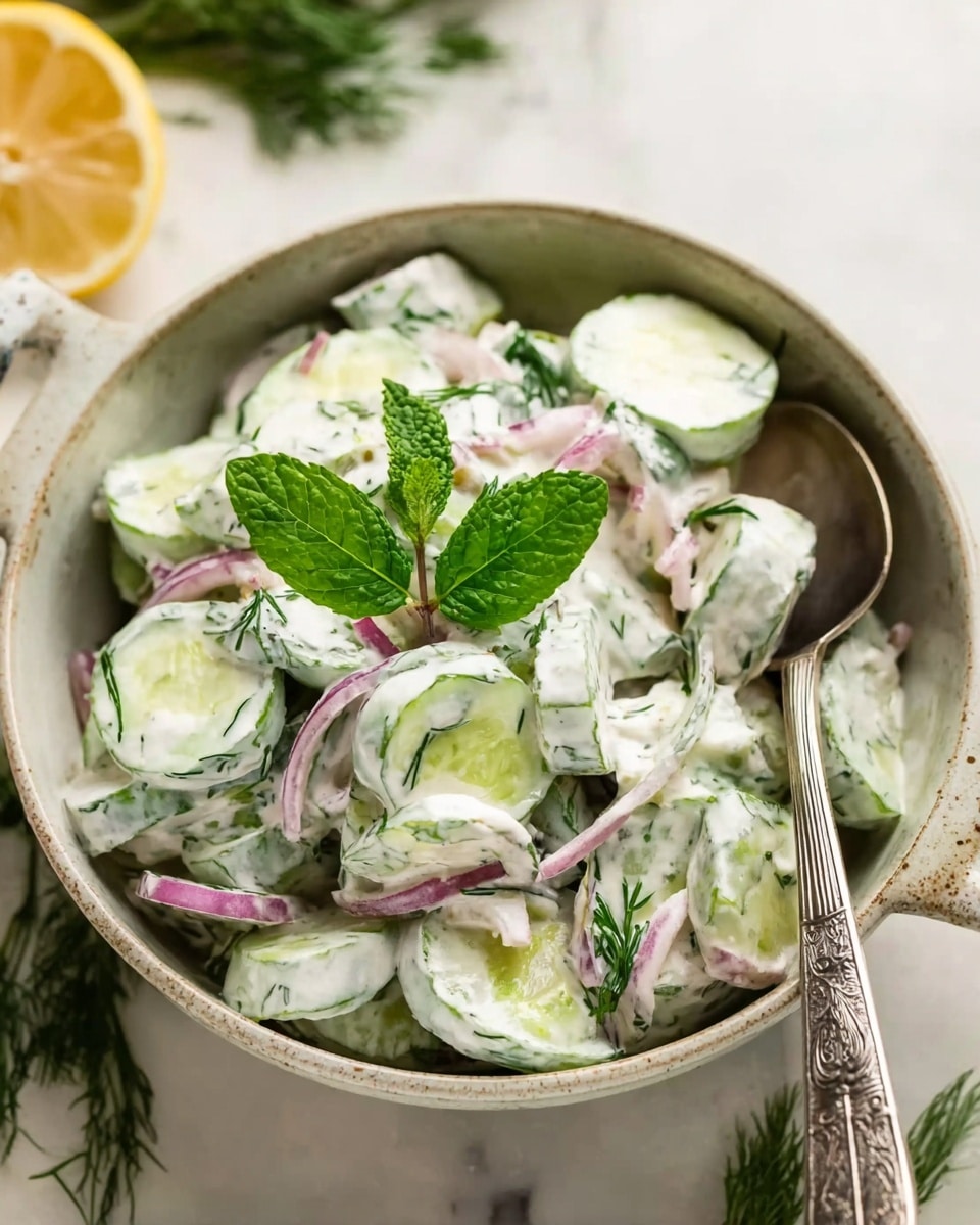 A close-up view of a creamy cucumber salad in a white rustic bowl with a handle, filled to the top with thick, uneven slices of cucumber and thin red onion pieces, all coated in a white creamy dressing with visible bits of green dill sprinkled throughout. The salad is garnished with two fresh green mint leaves on top. A silver spoon with detailed engravings rests inside the bowl on the right side. The bowl is placed on a white marbled surface with some green dill sprigs and a lemon half blurred in the background, giving a fresh and inviting look. Photo taken with an iphone --ar 4:5 --v 7