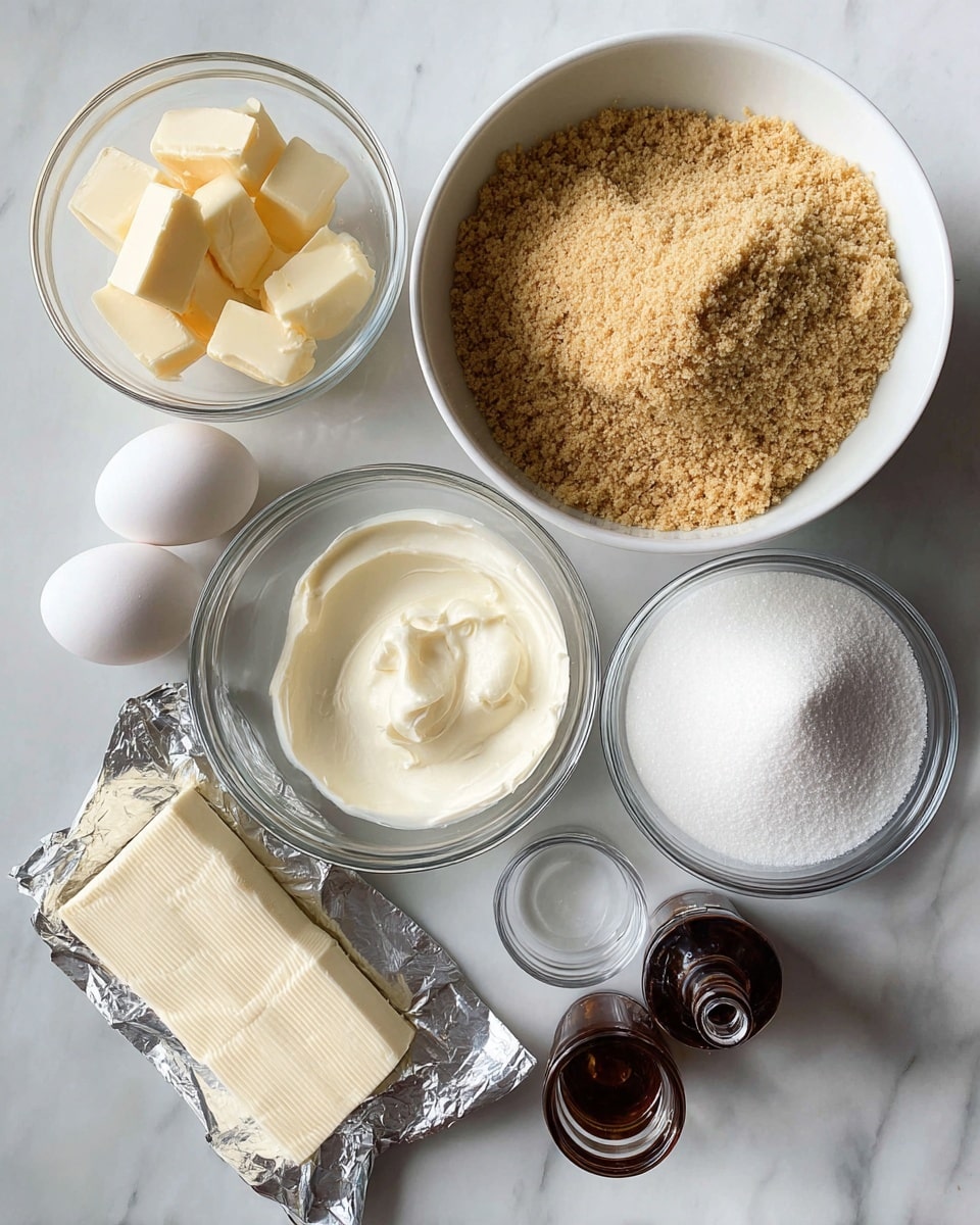 The image shows ingredients placed neatly on a white marbled surface. There is a large white bowl filled with light brown crumbly texture at the top center. Below it to the left, a small clear bowl holds several chunks of pale yellow butter. Next to it, a clear bowl with smooth, thick white cream is placed. To the right of the cream, there is a clear bowl filled with fine white sugar. Two white eggs are placed below the sugar bowl, with one slightly behind the other. Two rectangular packs of white cream cheese with smooth texture are positioned at the bottom left, partially wrapped in silver foil. On the right side near the bottom, there are two small brown bottles with dark caps, with one lying down and one standing upright, along with an empty small clear bowl. photo taken with an iphone --ar 4:5 --v 7