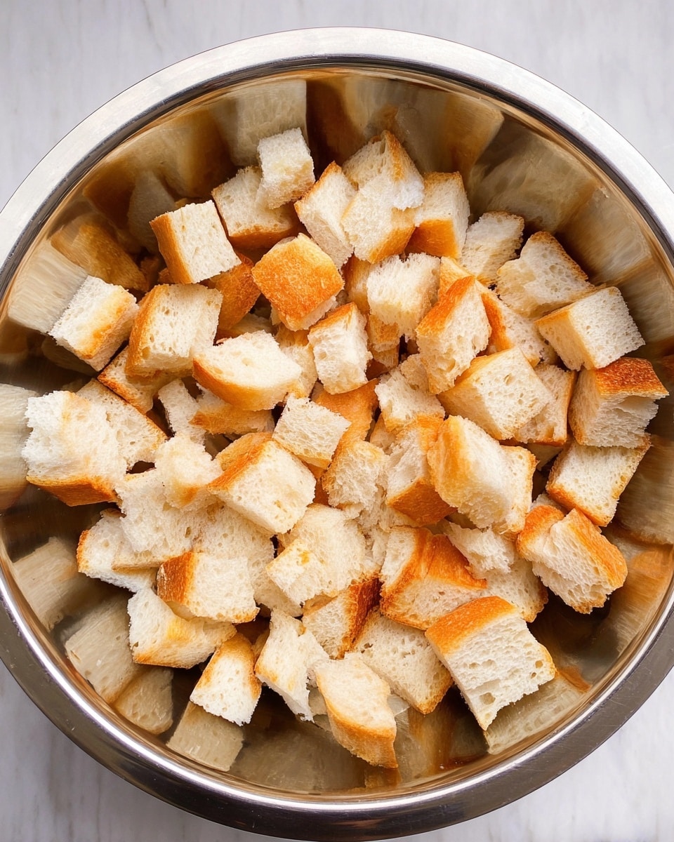 The image shows a large metal bowl filled with many small cubes of white bread with orange-brown crusts. The bread pieces are roughly the same size and layered evenly inside the bowl. The bowl has a shiny, smooth surface that reflects light. The background has a white marbled texture. photo taken with an iphone --ar 4:5 --v 7