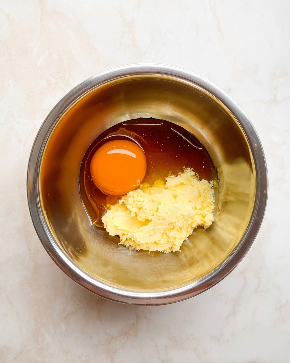 A shiny metal bowl is placed on a white marbled surface, and inside the bowl there are three main layers: a thick layer of light yellow butter, a pool of dark golden honey spread over the butter, and a single raw egg yolk with its smooth, bright orange color sitting on the left side above the honey. The bowl's inside surface shows reflections and a soft shine from the light above. photo taken with an iphone --ar 4:5 --v 7