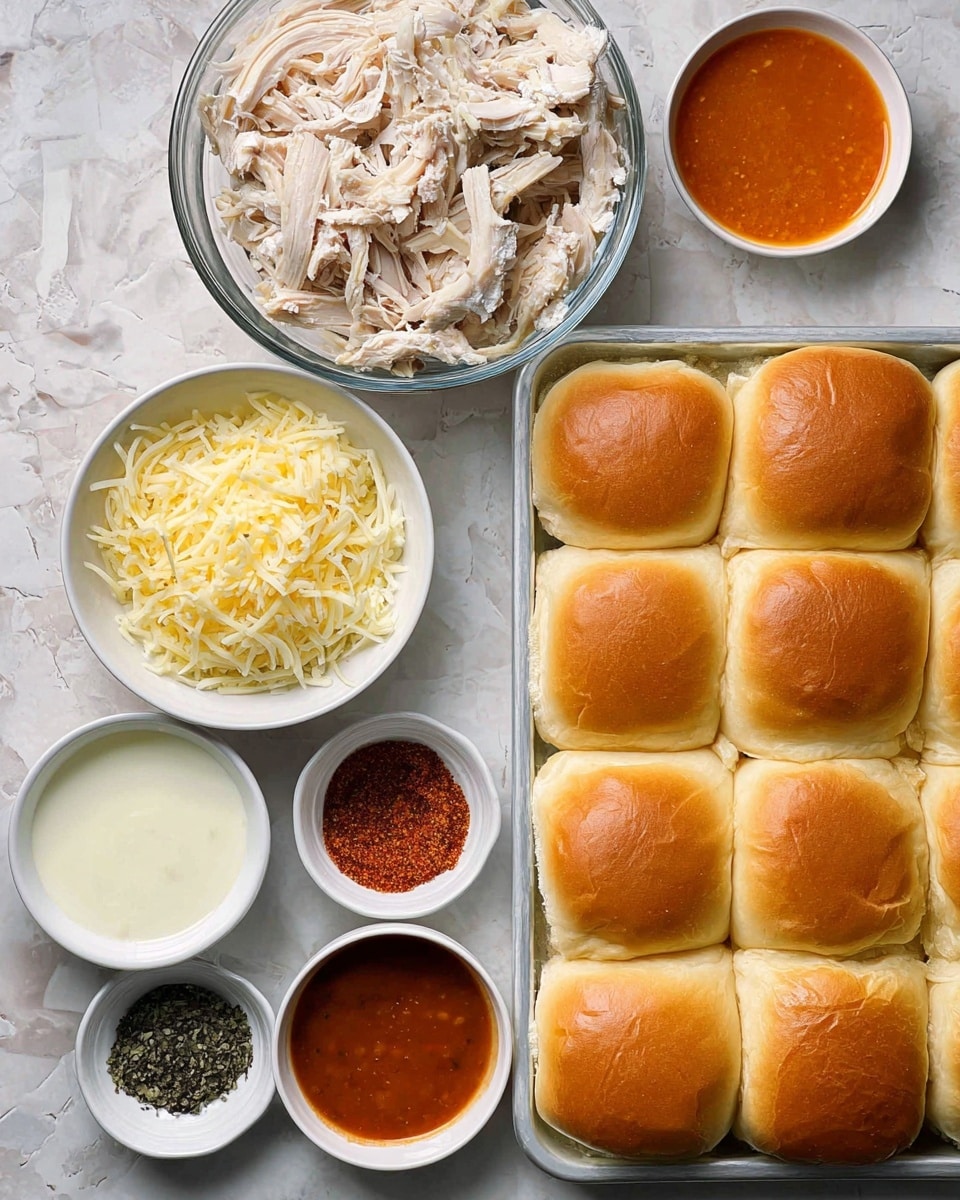 There are two trays of soft, golden-brown slider buns in the bottom right corner, each holding about 12 buns arranged in a 3 by 4 grid. Above and to the left is a large clear glass bowl filled with shredded white meat chicken with some brown bits. Surrounding the bowl are smaller white bowls with various items: a heap of shredded pale yellow cheese, white sauce with herbs, orange buffalo sauce, melted butter, a dark red spice mix, and small black and white bowls with black pepper, white salt, and dried herbs. The items are placed on a surface with a white marbled texture. Photo taken with an iphone --ar 4:5 --v 7