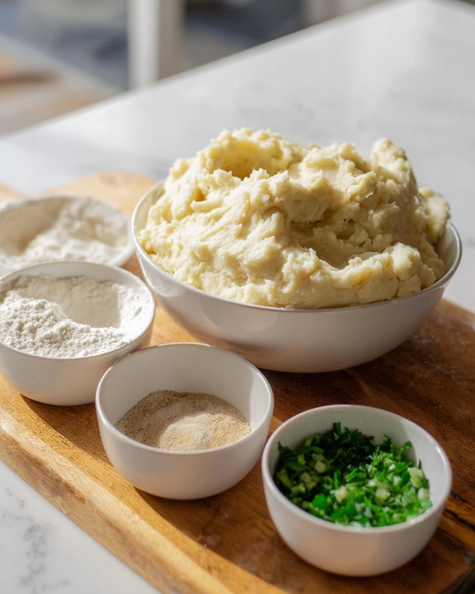 A close-up view of a large white bowl filled with thick, rough-textured mashed potato, light beige in color, sitting on a wooden board. Around it, there are three smaller white bowls placed on the board; the closest one contains a fine white powder (flour), another holds chopped green herbs, and the third bowl has a small amount of light brown seasoning. The scene is set on a white marbled surface with soft natural light coming from the left. photo taken with an iphone --ar 4:5 --v 7