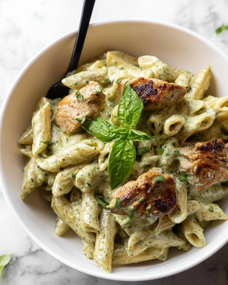 A white bowl filled with creamy pasta coated in a light green sauce, with three pieces of grilled light brown meat on top. The pasta is penne shape, covered in a smooth sauce speckled with tiny green herbs. Bright green fresh basil leaves are placed on top to add color. The bowl rests on a white marbled surface with a black fork inside the bowl on the left side. The photo has natural lighting showing the textures of the creamy sauce and grilled meat. photo taken with an iphone --ar 4:5 --v 7