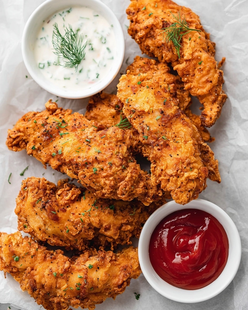 The image shows five pieces of crispy, golden-brown fried chicken tenders arranged on white parchment paper over a white marbled surface. To the left top side of the chicken, there is a white round bowl filled with creamy white dipping sauce sprinkled with green herb bits and topped with a small sprig of fresh dill. On the right bottom side, there is another white round bowl filled with smooth red ketchup. The fried chicken has a crunchy, textured coating with uneven edges and dark specks of seasoning. photo taken with an iphone --ar 4:5 --v 7