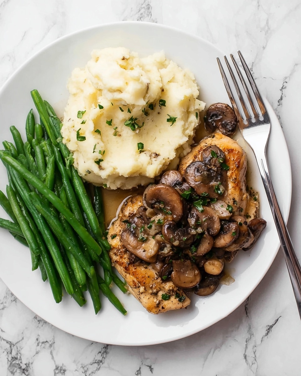 A white plate on a white marbled surface holds a meal with three parts: mashed potatoes on the left side, smooth and creamy with small green herbs mixed in; fresh green beans placed neatly below the potatoes, with a bright green color and firm texture; and a piece of cooked chicken on the right side covered with sautéed brown mushrooms and small bits of green herbs scattered on top, the chicken is golden-brown and juicy. A silver fork is placed to the right of the plate. Photo taken with an iphone --ar 4:5 --v 7