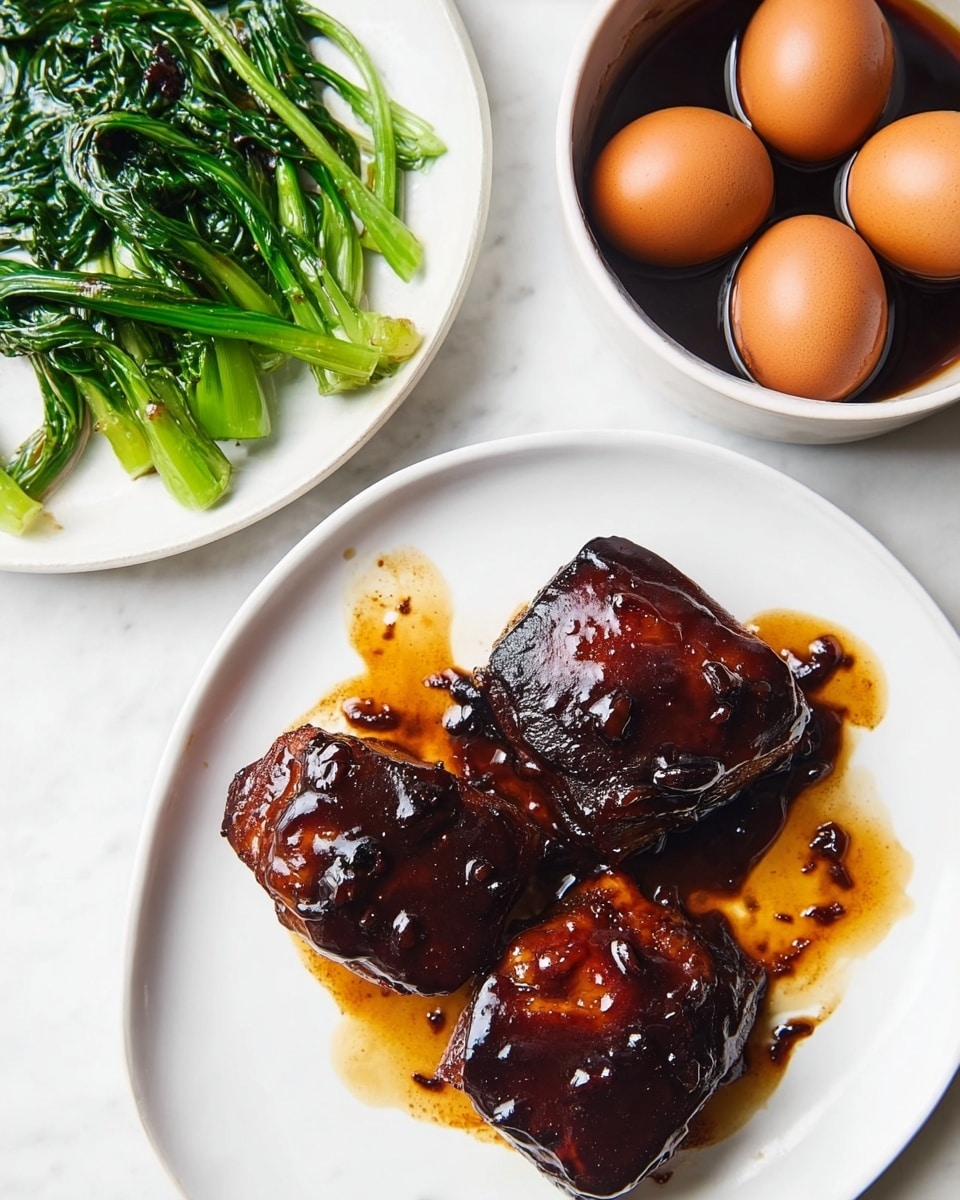 Two shiny pieces of dark brown glazed meat with a thick sticky sauce sit on a white plate, with the sauce spreading slightly around them in a golden-brown drip. Above it, to the right, there is a white bowl filled with four brown eggs soaked in dark sauce, the liquid reflecting light. To the left, on another white plate, there are bright green cooked leafy vegetables with visible stems. The background is a white marbled surface photo taken with an iphone --ar 4:5 --v 7