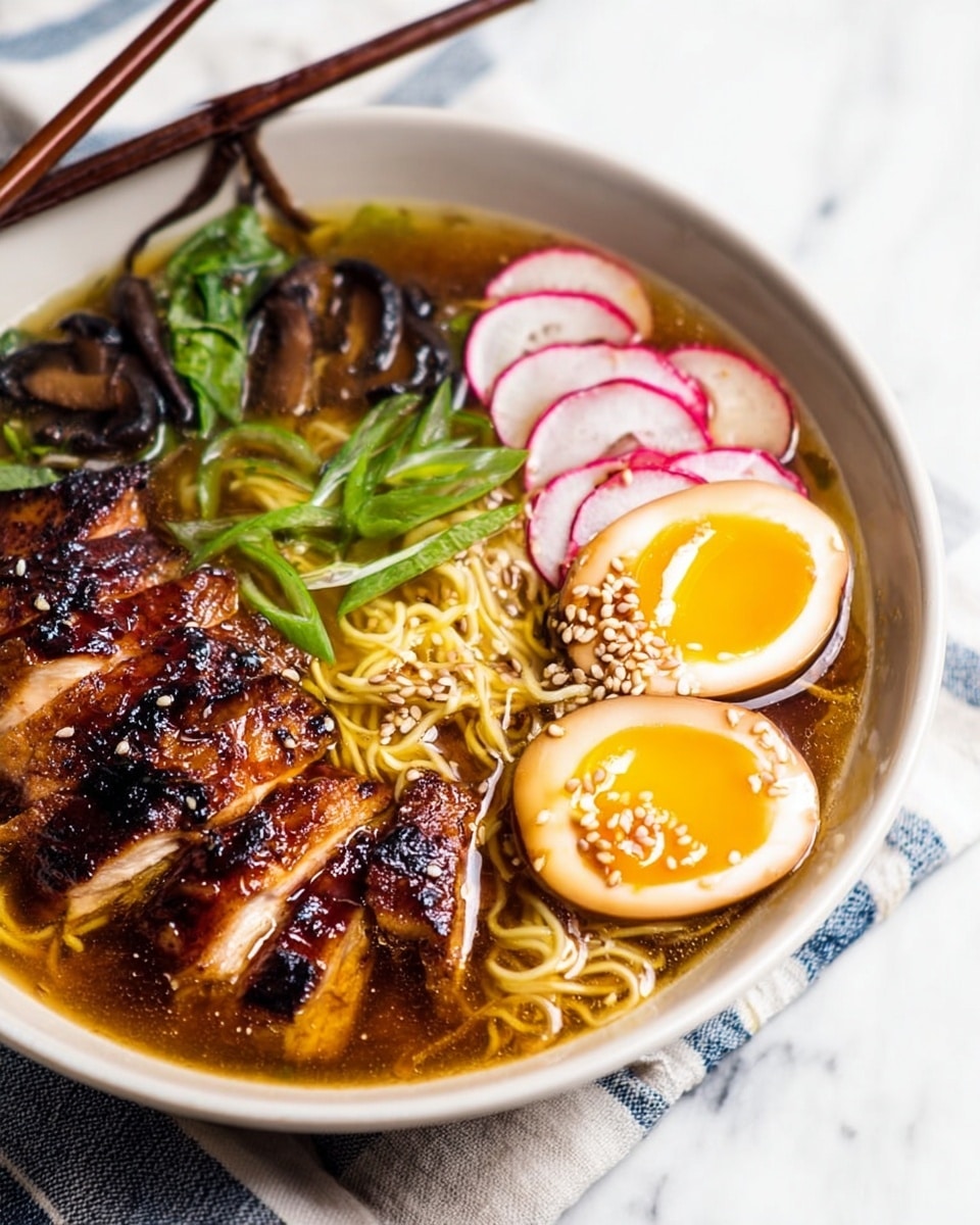 The image shows a bowl of ramen on a white marbled surface with chopsticks resting on the bowl's rim. At the bottom, light yellow noodles sit in a clear brown broth. On top, there is sliced dark glazed grilled chicken with a shiny, slightly caramelized texture sprinkled with white sesame seeds on the right side. Two halves of a soft boiled egg with bright yellow yolks and brown edges are placed near the chicken. Thin slices of pink and white radish are next to the egg, and some green onions add color on the left side with some green leafy vegetables behind the egg. There are a few dark brown mushrooms visible in the broth. photo taken with an iphone --ar 4:5 --v 7