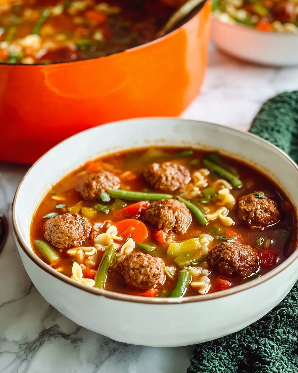 A white bowl filled with a rich, brownish-red broth soup containing several small, round meatballs floating evenly throughout. There are visible chunks of bright orange carrots, green beans, diced celery, and tomato pieces, along with small pasta shapes that look like butterflies scattered around. The bowl is placed on a white marbled surface with a dark green textured cloth napkin beside it. In the background, an orange pot filled with more of the same soup is partially visible, adding a warm contrast to the scene. photo taken with an iphone --ar 4:5 --v 7