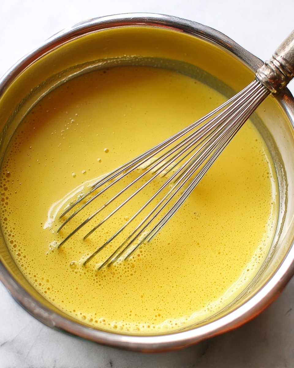 The image shows a close-up view of a shiny silver metal bowl filled with a smooth, creamy yellow sauce that has tiny bubbles on its surface. Inside the bowl, there is a silver whisk partially dipped in the sauce, with thin metal wires visible and some sauce clinging to them. The bowl is placed on a white marbled surface, and the lighting highlights the glossy texture of the sauce and the polished metal bowl. Photo taken with an iphone --ar 4:5 --v 7