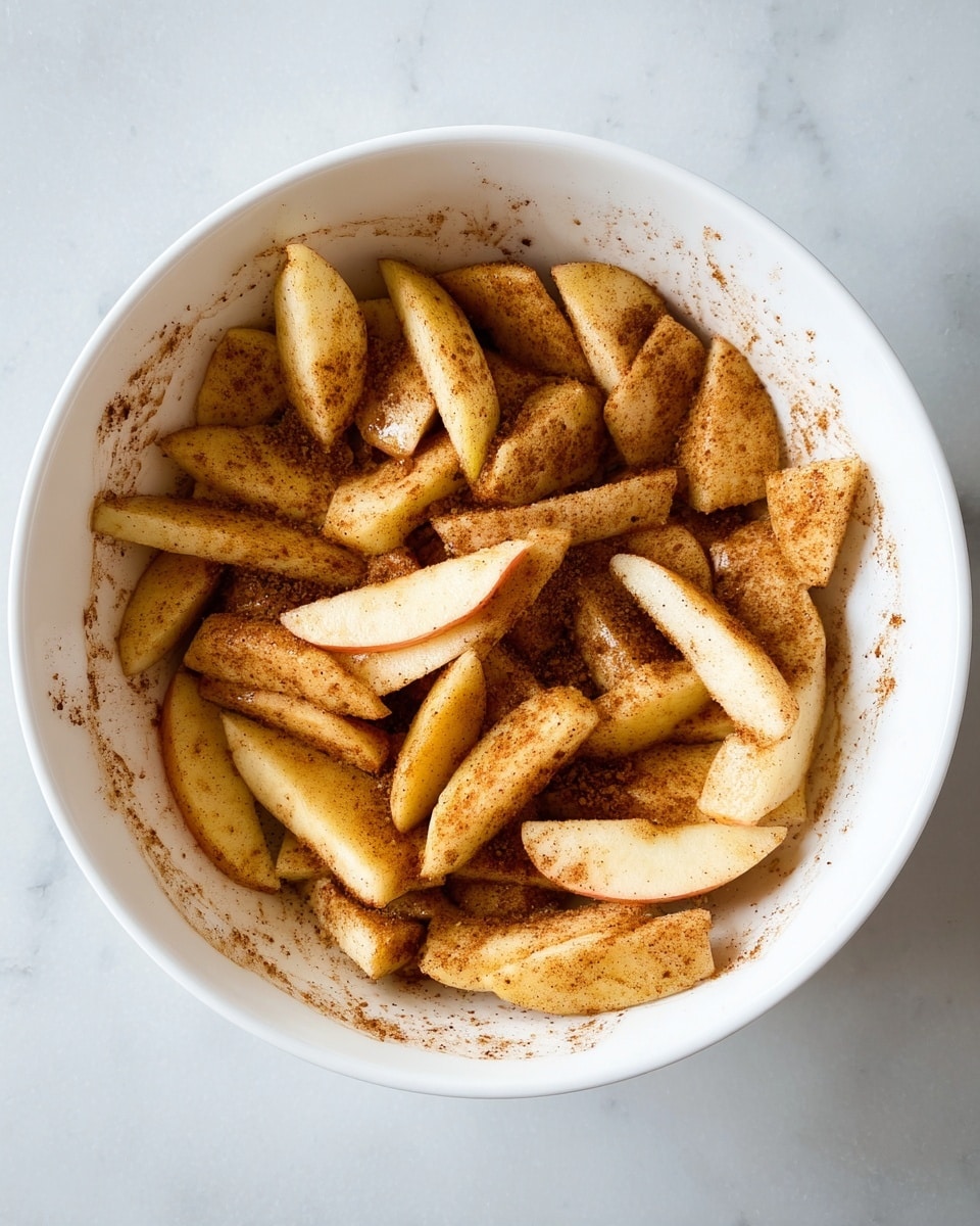 A white bowl filled with peeled apple slices coated in a light brown cinnamon spice mix. The apple slices are cut into wedges and some into sticks, all mixed evenly so each piece has a thin layer of spice on the surface. The inside of the bowl has smudges of the cinnamon mixture around the edges, showing the apples have been stirred well. The bowl sits on a white marbled surface. photo taken with an iphone --ar 4:5 --v 7