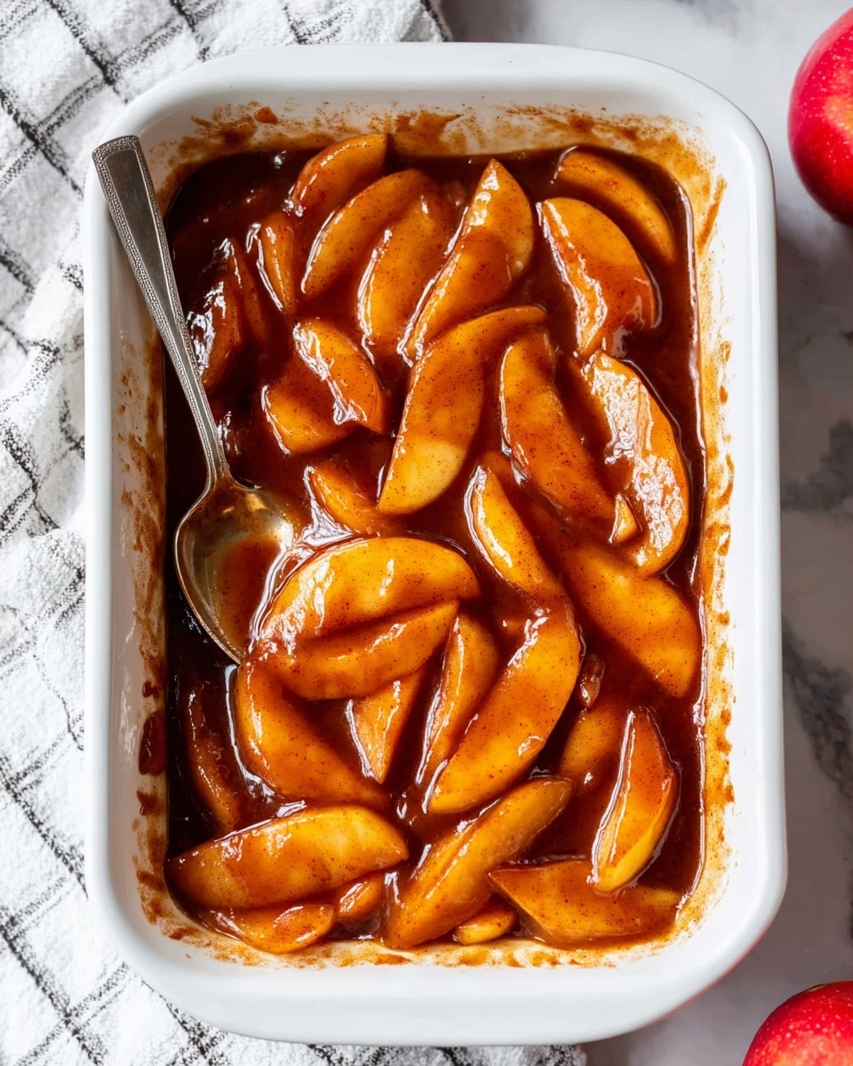 The image shows a white rectangular baking dish filled with thick slices of apple coated in a shiny, rich brown cinnamon sauce. The apple slices are mostly curved and soft-looking, layered in a single uneven layer that fills the dish. Some slices are slightly overlapping, and the sauce has thickly coated the apples and pooled a little at the bottom and edges of the dish. There is a silver spoon resting inside the dish on the left side, partially covered with sauce. The dish is sitting on a white marbled surface covered with a white and gray checkered cloth, and a red apple is partially visible in the lower right corner. Photo taken with an iphone --ar 4:5 --v 7