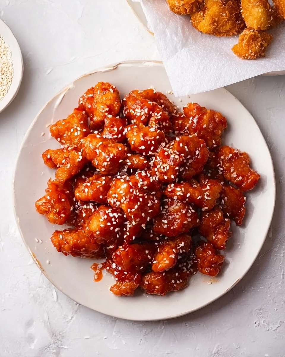 A round white plate sits on a white marbled surface, filled with a single thick layer of small, bite-sized chicken pieces coated with glossy orange-red sauce. The chicken pieces are sprinkled with white sesame seeds, adding texture and contrast to the shiny sauce. The plate is centered in the image with some fried chicken pieces peeking in from the top right corner on a white parchment paper. Photo taken with an iphone --ar 4:5 --v 7