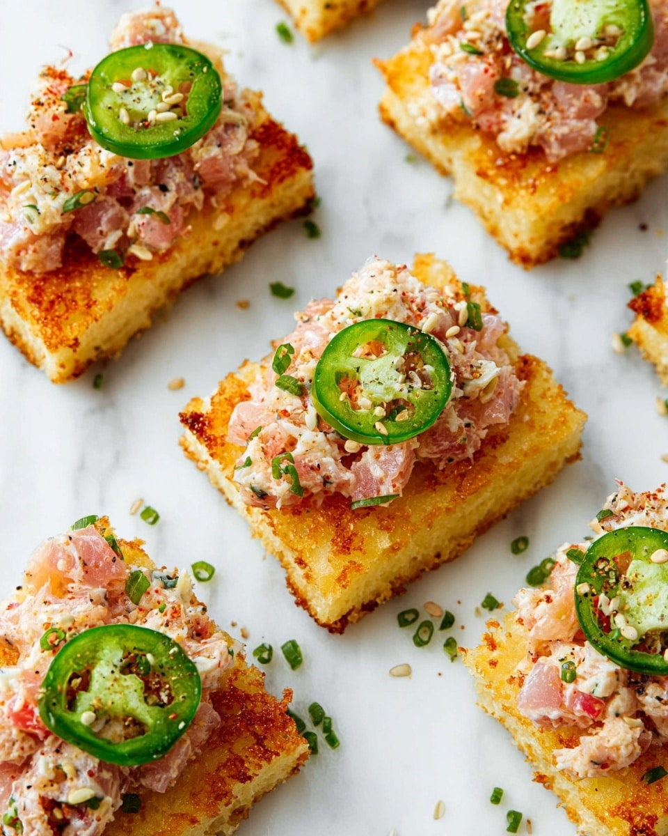 The image shows several pieces of crispy golden-brown rectangles as the bottom layer, topped with a chunky creamy mixture made of small pink and white bits, likely diced raw fish mixed with a light sauce. Each piece is garnished with a thin green slice of jalapeño and sprinkled with seasoning and tiny seeds. The pieces are arranged evenly on a white marbled surface, giving the dish a fresh and clean look. photo taken with an iphone --ar 4:5 --v 7