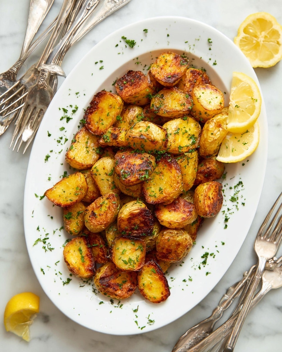 A white oval plate is filled with golden brown roasted potato pieces, each piece showing a crispy texture with some darker charred edges. The potatoes are scattered in a slightly stacked way, and finely chopped green herbs are sprinkled evenly on top and around them. The plate sits on a white marbled surface, and there are a few lemon wedges placed around the plate, along with several vintage silver forks. photo taken with an iphone --ar 4:5 --v 7