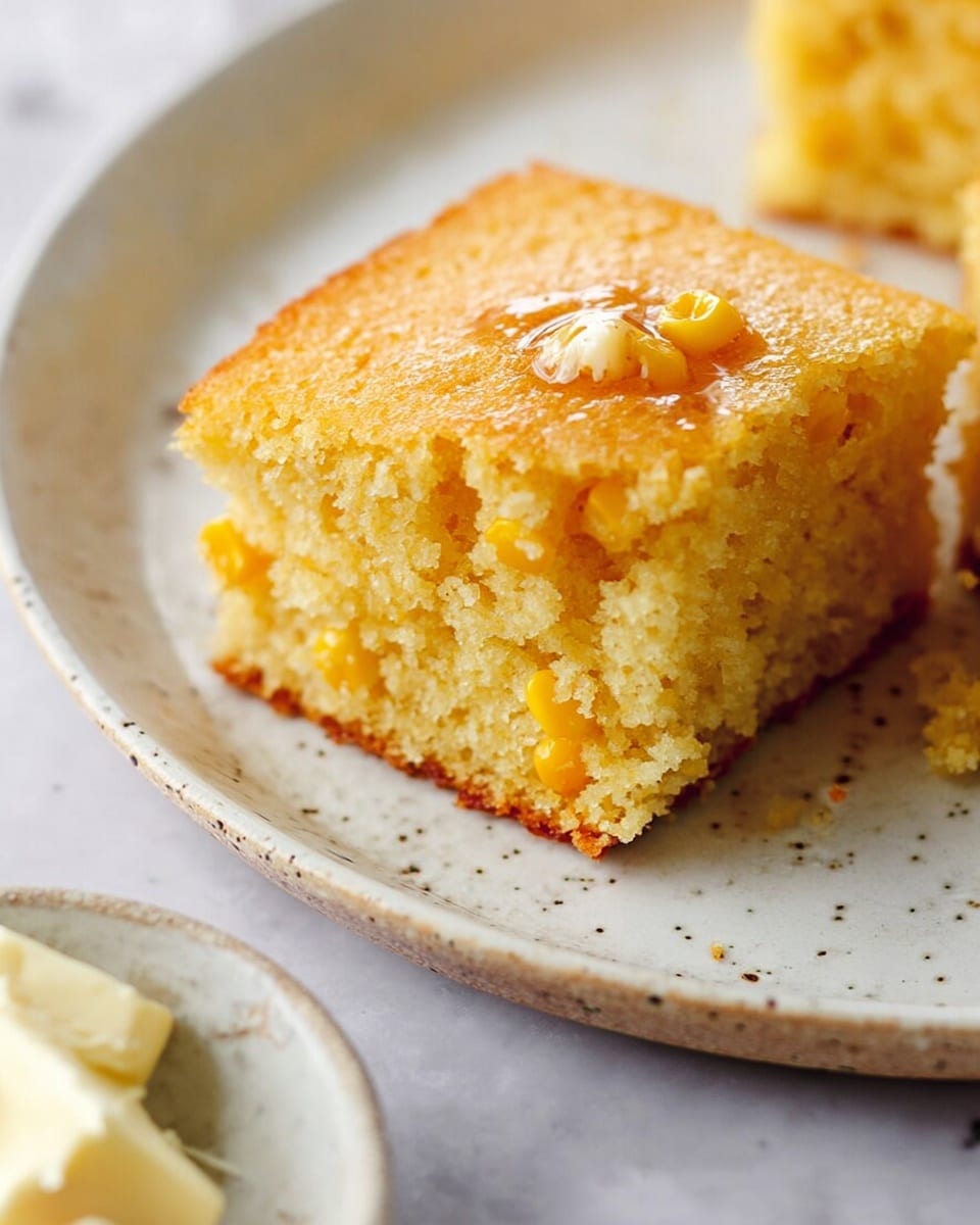 A close-up view of a single square piece of moist corn bread with a light golden top layer and a soft, crumbly inside showing bright yellow corn kernels scattered within. The corn bread square rests on a white plate with a subtle speckled pattern, placed on a white marbled surface. There is a small dish partially visible in the background, containing pale creamy butter pieces. Photo taken with an iphone --ar 4:5 --v 7