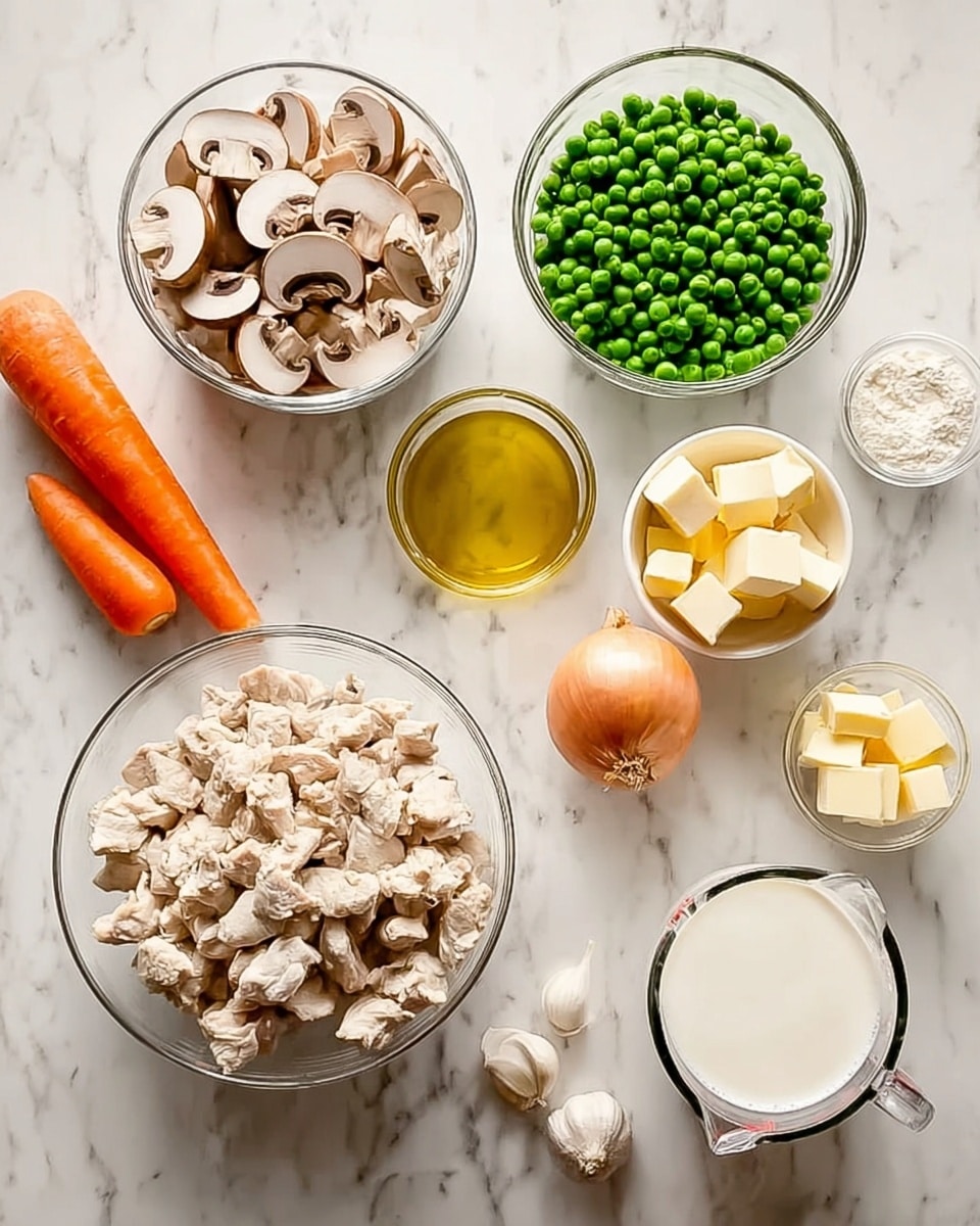 The image shows several ingredients placed on a white marbled surface. In the center, there is a clear glass bowl filled with small pieces of light beige cooked chicken. To the left of this bowl is another clear bowl filled with sliced light brown mushrooms. Above the mushrooms is a white bowl with bright green peas. Near the top of the image, an orange carrot and a whole light brown onion lie on the surface, along with two cloves of garlic. To the right of the chicken, there is a small clear bowl with golden yellow olive oil, a small bowl with light yellow butter cubes, and a small bowl with white flour. At the bottom right, there is a clear glass measuring cup filled with white cream or milk. The whole scene is neatly arranged on the white marbled surface. photo taken with an iphone --ar 4:5 --v 7