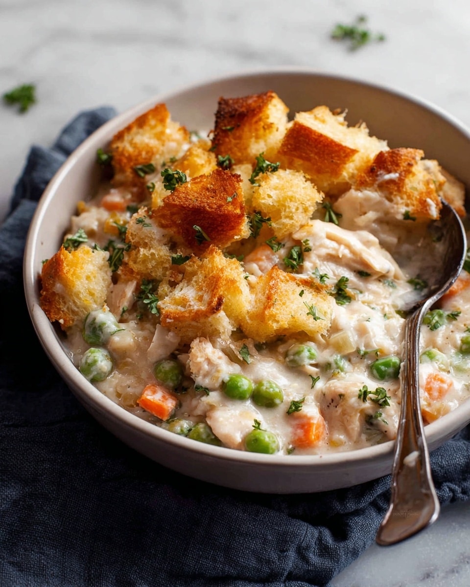 A close-up of a white bowl filled with creamy chicken and vegetable casserole. The bottom layer is thick white sauce mixed with small pieces of cooked chicken, green peas, and orange carrot bits. On top, there are golden-brown toasted bread pieces that look crunchy and soft inside. Small green parsley leaves are sprinkled over the dish for color. A silver spoon rests on the right inside the bowl. The bowl sits on a dark cloth on a white marbled surface. Photo taken with an iphone --ar 4:5 --v 7