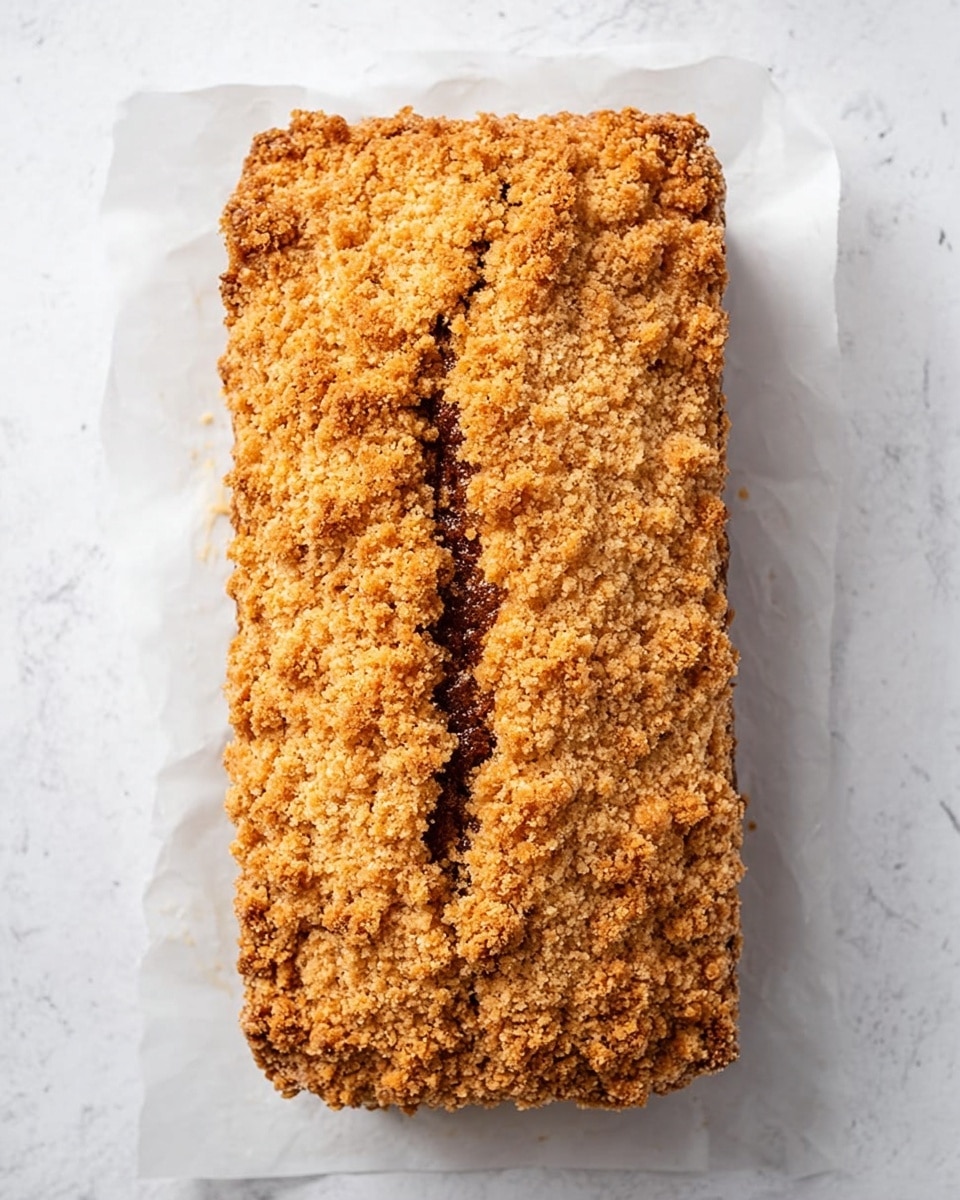 A rectangular cake with a golden brown crumbly topping that looks crunchy and uneven, covering the entire surface in a thick layer. The cake has a textured crack running down the middle, showing a bit of the cake beneath. The base layer is slightly darker brown, hinting at a moist cake underneath the crumbly topping. The cake sits on white parchment paper over a white marbled surface. photo taken with an iphone --ar 4:5 --v 7