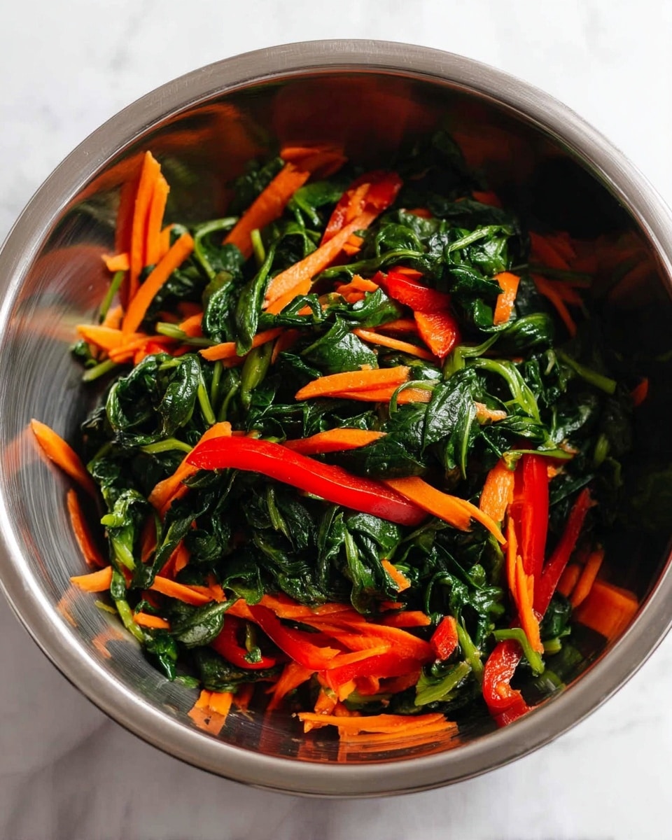 The image shows a silver metal bowl filled with a mix of cooked leafy spinach, thin orange carrot sticks, and red bell pepper strips all evenly spread inside. The spinach is soft and dark green with some stems visible, the carrots are bright and crunchy-looking thin sticks, and the red bell peppers are sliced lengthwise into smooth strips. The bowl sits on a white marbled surface, with the vegetables appearing fresh and colorful against the shiny silver bowl. photo taken with an iphone --ar 4:5 --v 7
