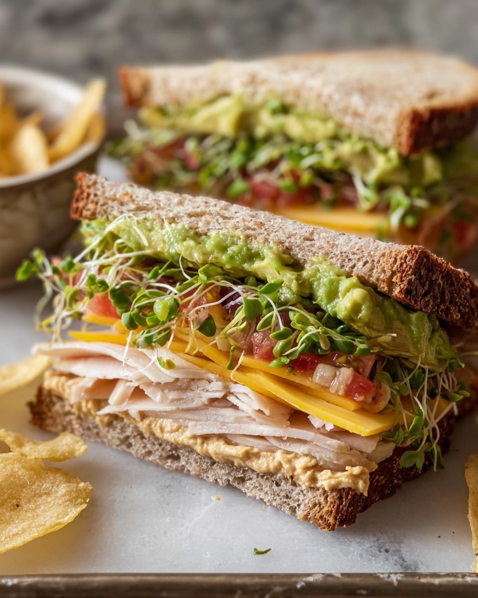 The image shows a sandwich cut in half, placed on a white marbled surface with some chips on the side. The sandwich has three main layers between thick slices of brown bread: the bottom layer has a spread of creamy hummus and diced red tomatoes; the middle layer consists of yellow cheese slices and fresh green leafy sprouts; the top layer has tender sliced turkey with a bright green spread of mashed avocado. The sandwich fillings look fresh and moist, with textures varying from smooth hummus and avocado to crisp sprouts and juicy tomato. A bowl with more chips is partly visible on the side. Photo taken with an iphone --ar 4:5 --v 7