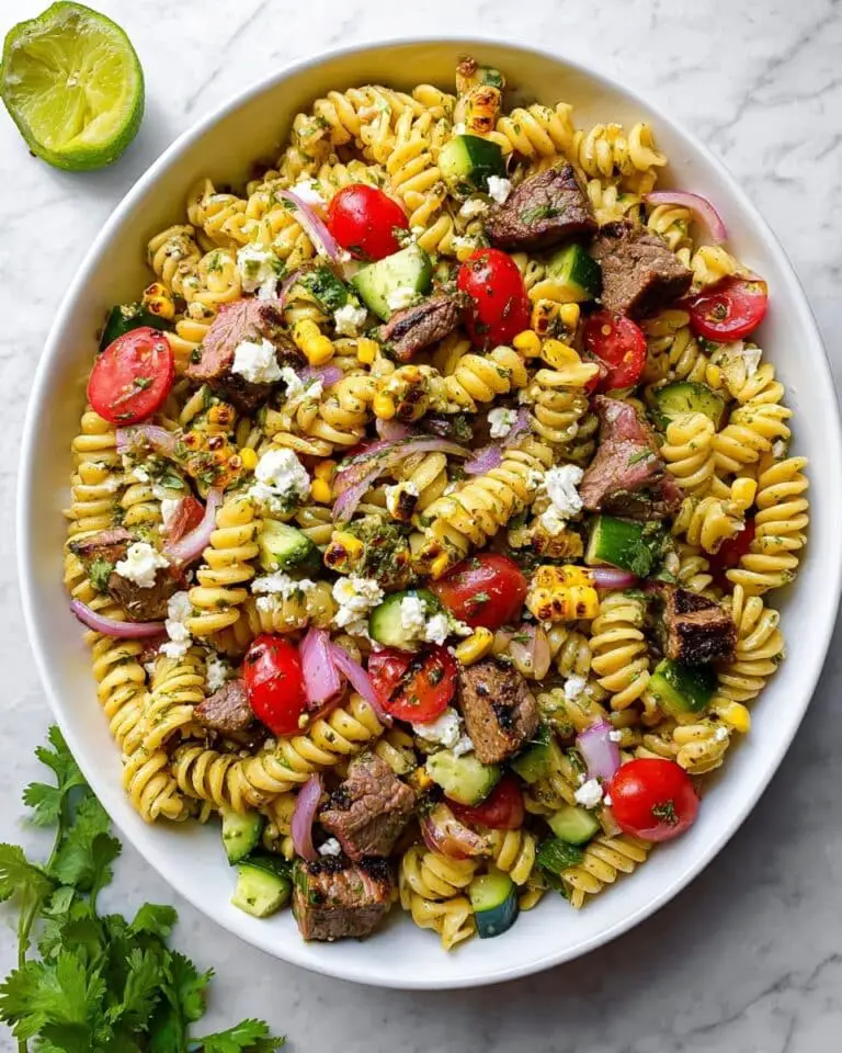Steak Pasta Salad with Grilled Corn, Cotija, and Zesty Cilantro Lime Vinaigrette Recipe