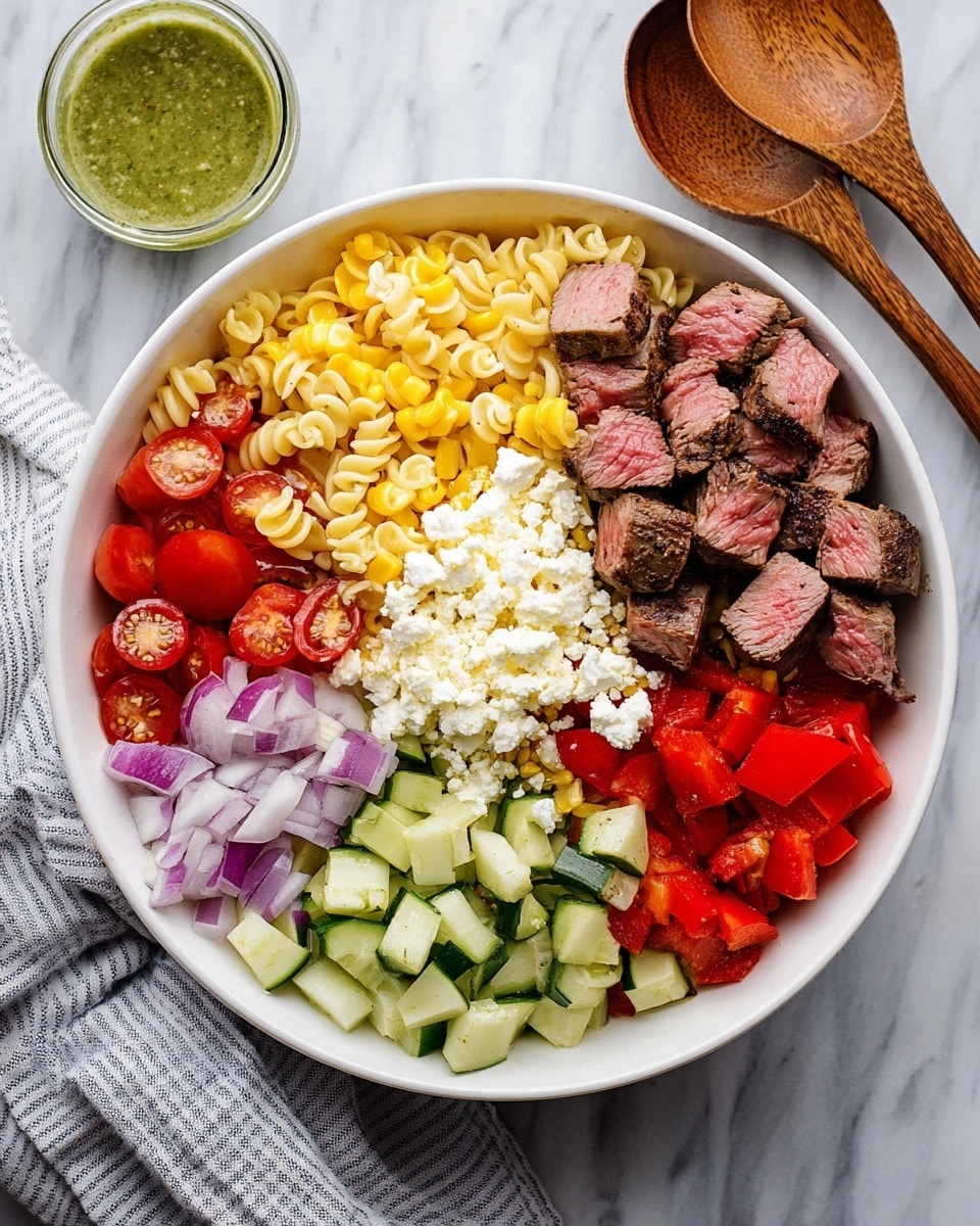 A white bowl filled with a base layer of curly pasta, topped with multiple layers of different ingredients arranged in sections: grilled yellow corn kernels near the top left, seared medium-rare steak cubes with a pink center at the top right, halved bright red cherry tomatoes on the middle right, chopped green cucumber pieces below the tomatoes, finely chopped purple onion at the bottom left, and grilled red bell pepper pieces above the onion. In the center is a mound of crumbly white cheese. The bowl sits on a white marbled surface with two wooden salad spoons placed above it and a bowl of green dressing to the upper right, a striped cloth napkin is placed to the bottom left photo taken with an iphone --ar 4:5 --v 7
