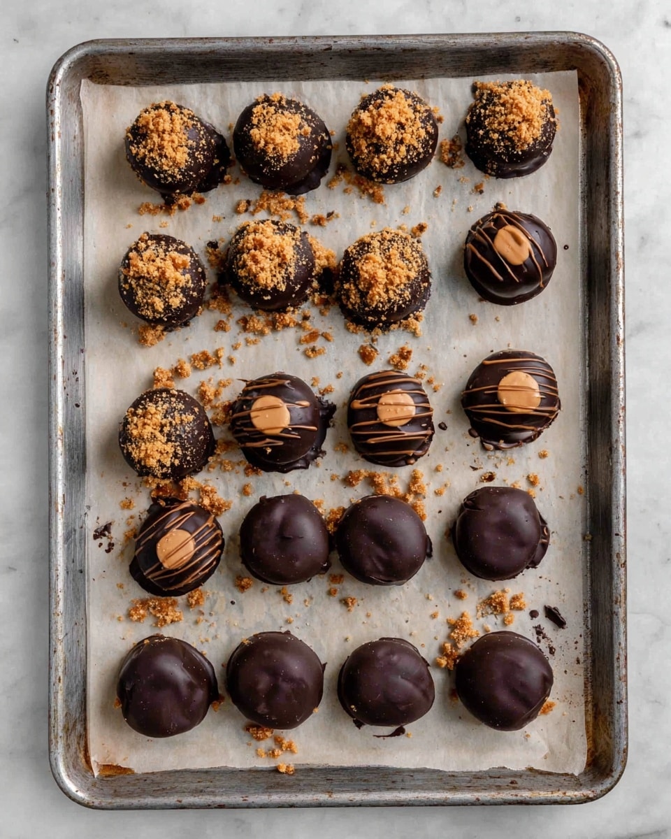 There is a metal baking tray with a sheet of parchment paper on top of a white marbled surface. On the tray, there are five rows of chocolate-covered round treats. The first row has five pieces, each covered in dark chocolate with crumbled light brown topping and dark chocolate drizzle. The second row has four pieces, all dark chocolate with only dark chocolate drizzle on top. The third row has four pieces, each with a dark chocolate base and a light brown circle on top, some with a thin drizzle of dark chocolate. The fourth row has five pieces, round and fully covered with dark chocolate, some with light brown crumbs on top. The last row has three plain round pieces fully covered in smooth dark chocolate without any topping. Some crumbs and small pieces are scattered over the parchment paper. Photo taken with an iphone --ar 4:5 --v 7