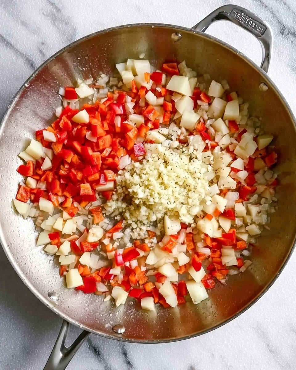 A silver skillet filled with diced vegetables including red bell peppers and light-colored potatoes spread evenly across the pan. In the center, there are two piles of finely chopped garlic and onions. The skillet rests on a surface with a white marbled texture. Photo taken with an iphone --ar 4:5 --v 7