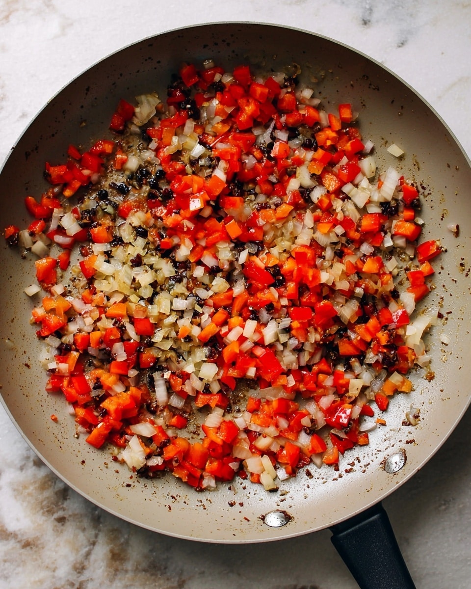A large light gray pan filled with one layer of small diced cooked vegetables including red bell peppers, translucent white onions, minced garlic, and small dark brown pieces, all mixed together. The pan is set on a white marbled surface and shows some shine on the cooked vegetables, giving a fresh and warm look to the dish. The pan has a black handle visible on the bottom right. photo taken with an iphone --ar 4:5 --v 7