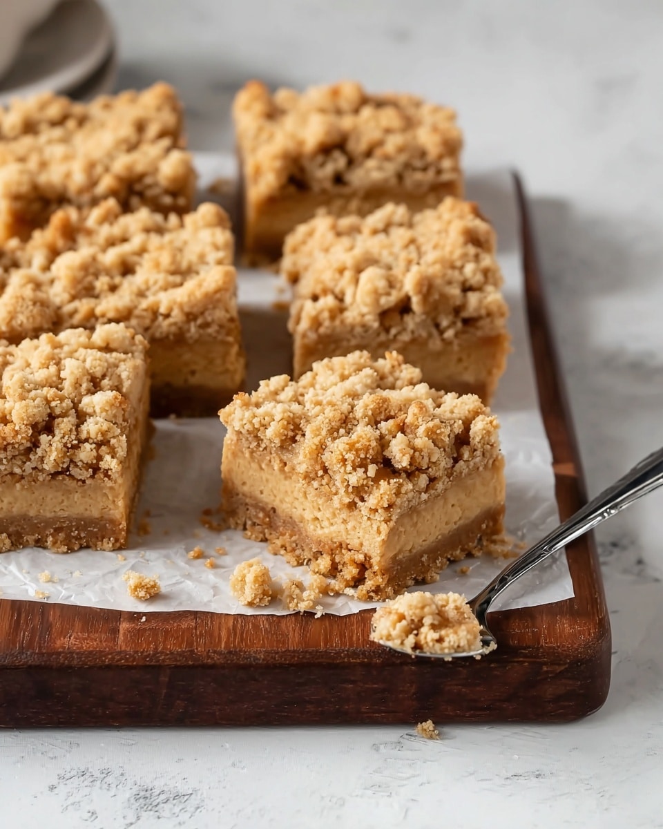 The image shows six square crumb bars arranged on white baking paper placed on a dark wooden board with slightly rounded edges. Each bar has two layers: a thick, soft, light brown base layer, and a crumbly, rough-textured topping layer made of streusel with a mix of small and medium chunks in a golden beige color. One bar in the front shows a small piece being lifted by a silver spoon, revealing the dense inside. The background surface is a white marbled texture. Photo taken with an iphone --ar 4:5 --v 7