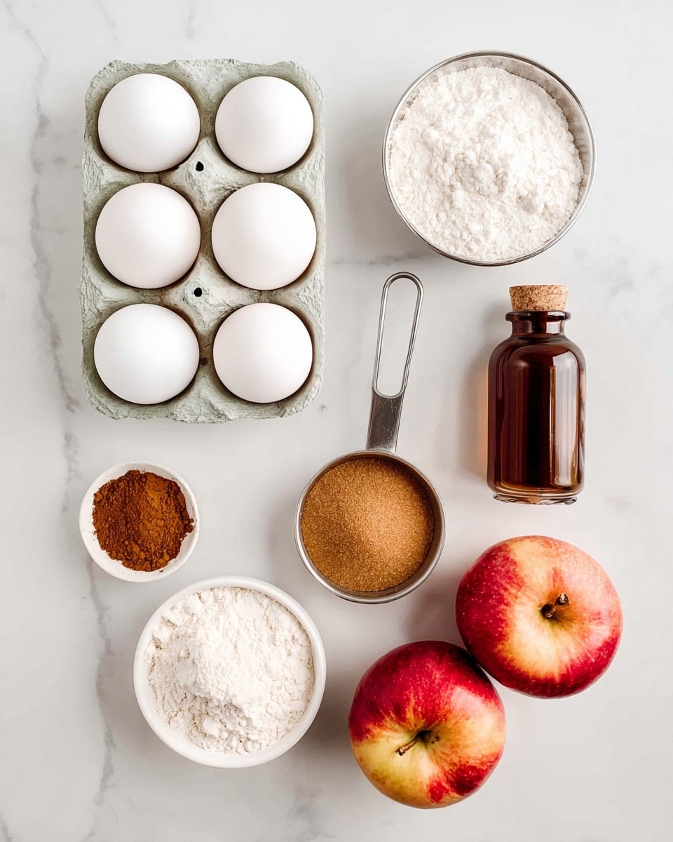 The image shows six white eggs in a light grey carton on the left side, two red and yellow apples placed side by side on the bottom right, a white small bowl with cinnamon powder on the top left, a white small bowl with another brown powder on the middle right, a metal measuring cup filled with white flour at the top center, a metal measuring cup filled with brown sugar at the bottom center, and a tall brown glass bottle with a dark cap near the top right corner, all arranged on a white marbled surface photo taken with an iphone --ar 4:5 --v 7
