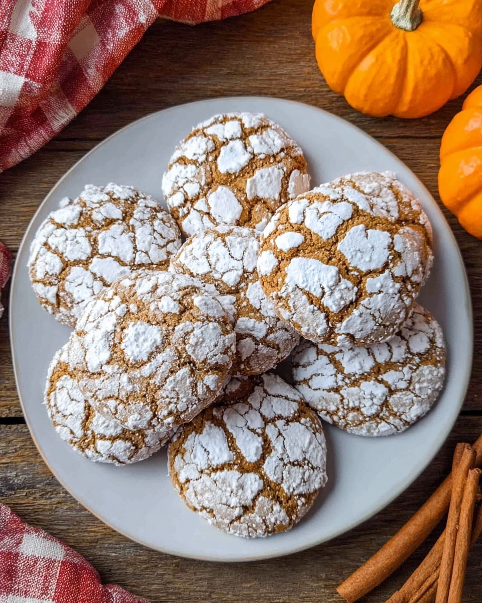 A white round plate filled with eight round cookies arranged closely together, each cookie has a warm brown base color with a cracked texture and is generously covered with white powdered sugar creating a spotted pattern on top. The cookies have a slightly rough surface with visible cracks in the powdered sugar. The plate sits on a wooden surface, with two small orange pumpkins at the top right corner and two cinnamon sticks placed at the bottom right corner near a red and white checkered cloth. Photo taken with an iphone --ar 4:5 --v 7