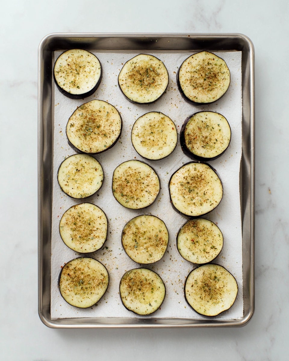 A metal tray lined with two layers of white paper towels holds fourteen slices of eggplant arranged in a loose grid. Each slice is round, showing dark purple skin around the light yellowish-white inner flesh. The surface of every slice is sprinkled evenly with small green and brown herbs and spices, adding texture and color contrast. The tray sits atop a white marbled surface with soft, natural lighting highlighting the raw, fresh look of the eggplant slices. photo taken with an iphone --ar 4:5 --v 7