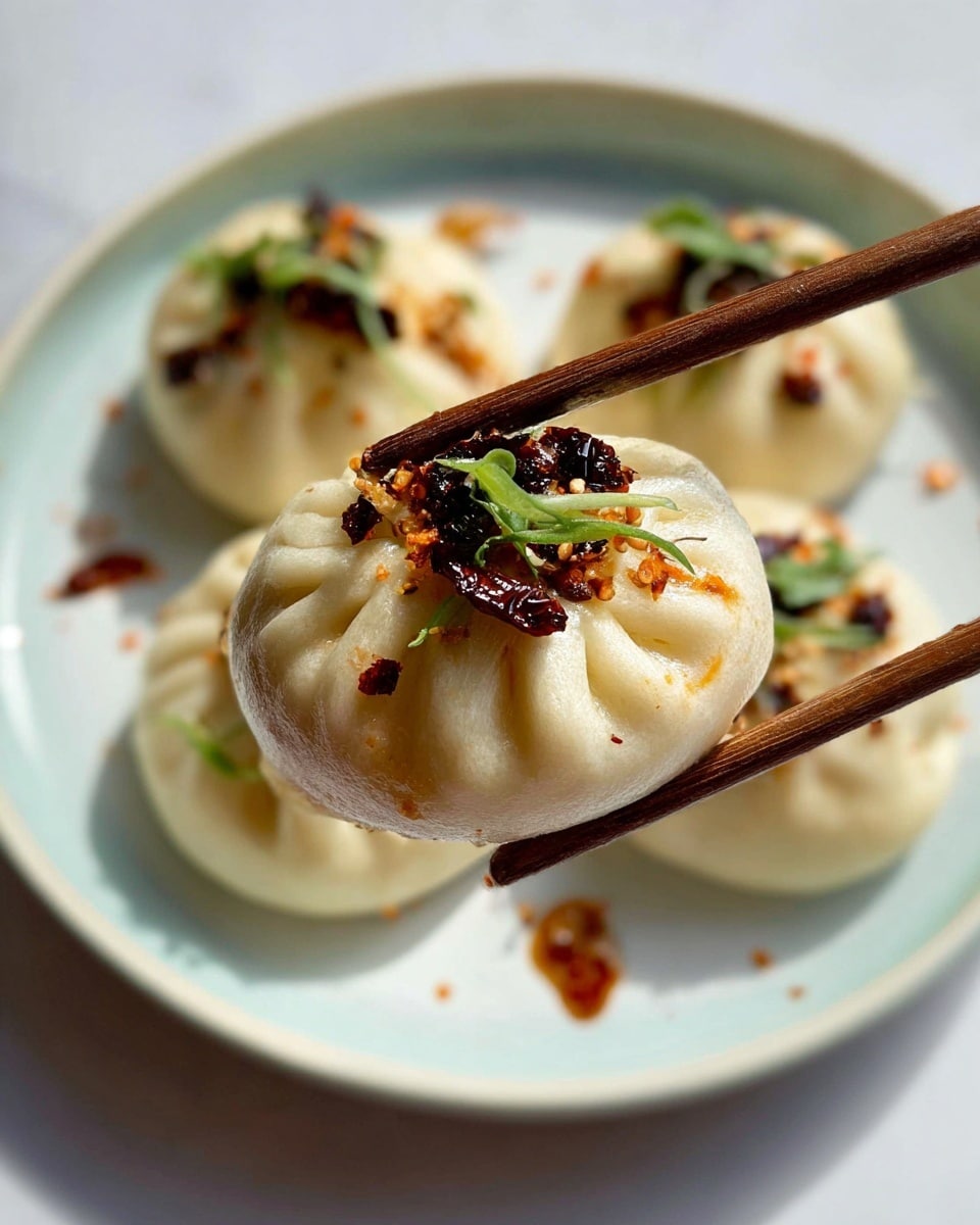 A single plump steamed bun with a soft, puffy, pale cream surface is held by wooden chopsticks above a white plate with a light blue inner glaze, showing a top view of the bun’s pleated edges gathered at the center. The bun is topped with dark, slightly crispy chili bits scattered on the surface along with a few thin bright green fresh herb slices, adding color contrast. In the background on the plate are three more similar buns, each with the same pale texture and chili garnish, all set against a white marbled textured table. The photo taken with an iphone --ar 4:5 --v 7