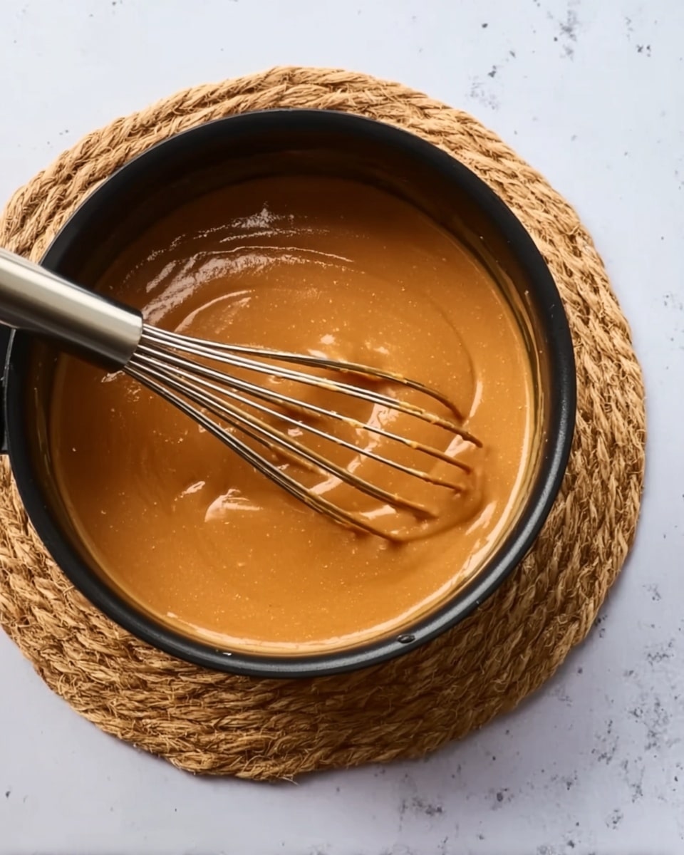 The image shows a black pot filled with a thick, smooth caramel-colored sauce. A metal whisk is partially inside the pot, coated with the sauce, resting diagonally. The pot is placed on a round woven coaster, which sits on a white marbled surface. The sauce has a shiny texture with gentle ripples where the whisk has moved through it. photo taken with an iphone --ar 4:5 --v 7